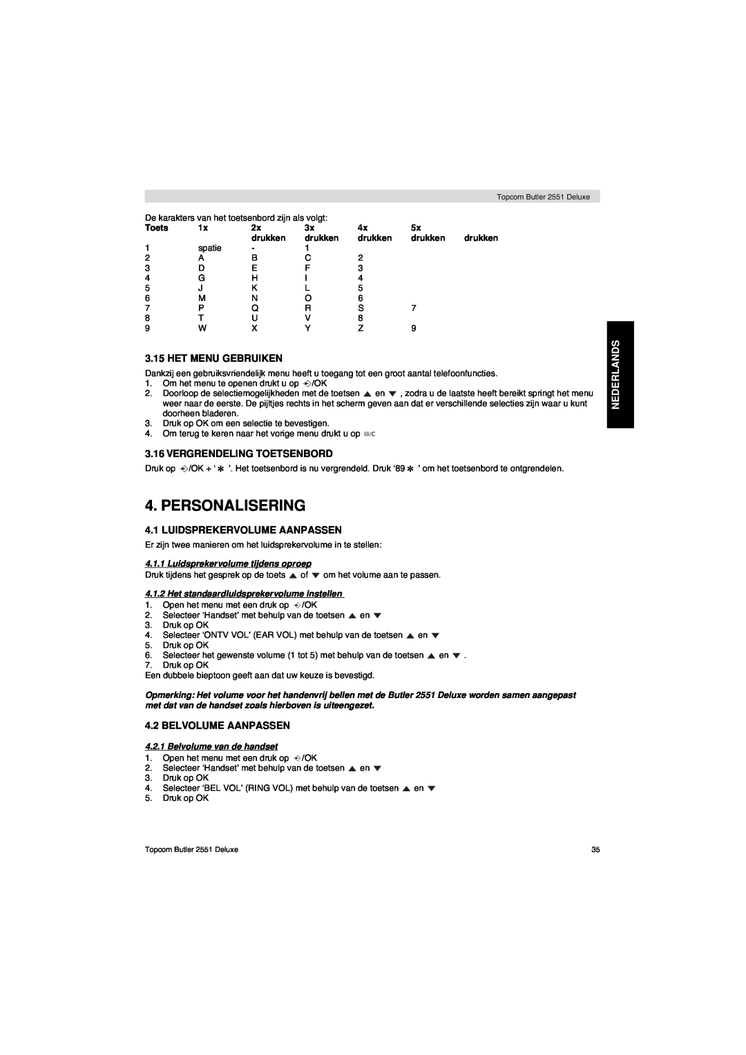 Topcom 2551 manual Personalisering, Het Menu Gebruiken, Vergrendeling Toetsenbord, Luidsprekervolume Aanpassen, Nederlands 