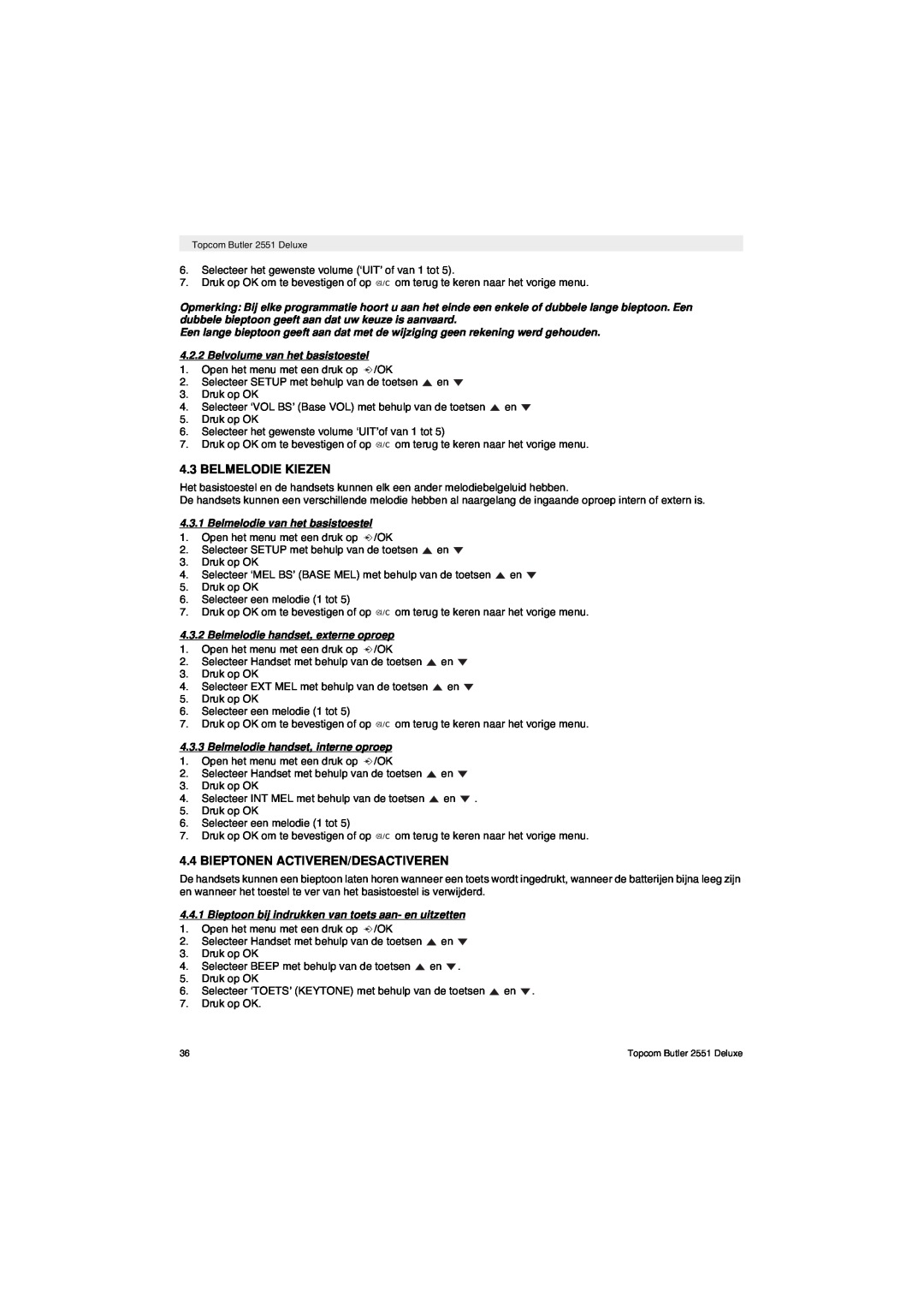 Topcom 2551 manual Belmelodie Kiezen, Bieptonen Activeren/Desactiveren, Belvolume van het basistoestel 