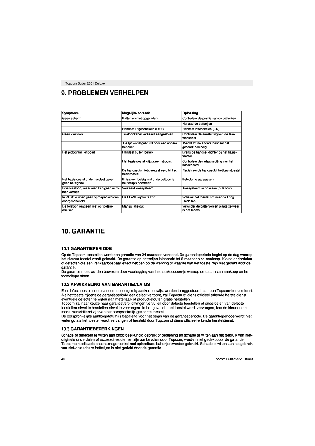 Topcom 2551 manual Problemen Verhelpen, Garantieperiode, Afwikkeling Van Garantieclaims, Garantiebeperkingen 