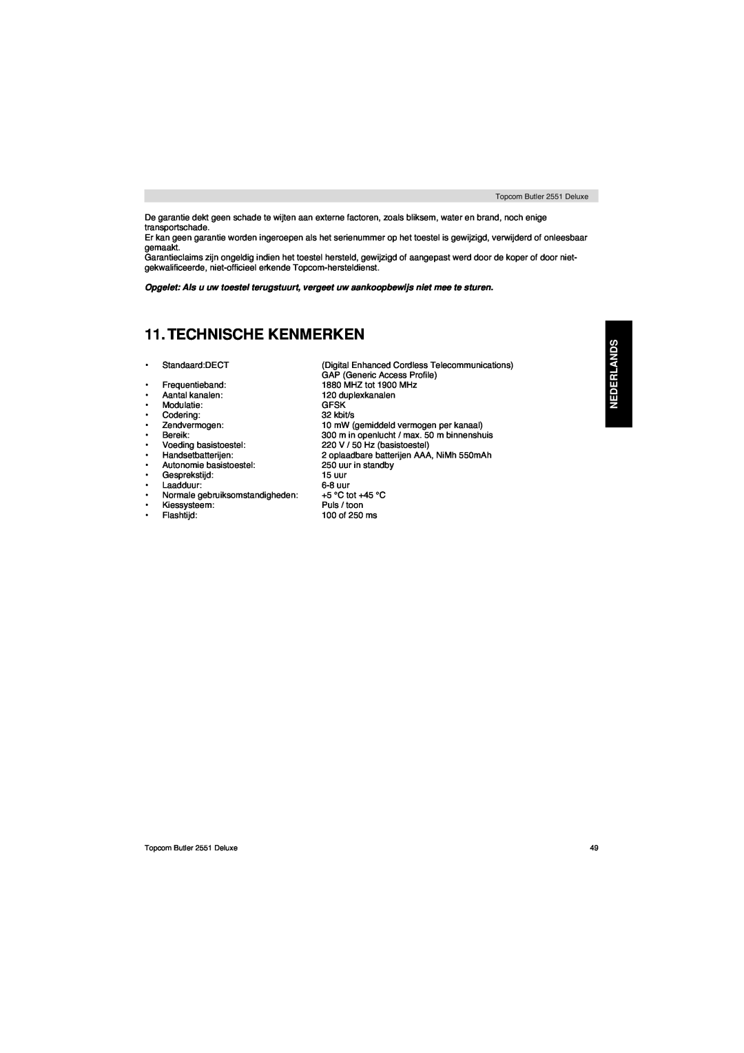 Topcom 2551 manual Technische Kenmerken, Nederlands 