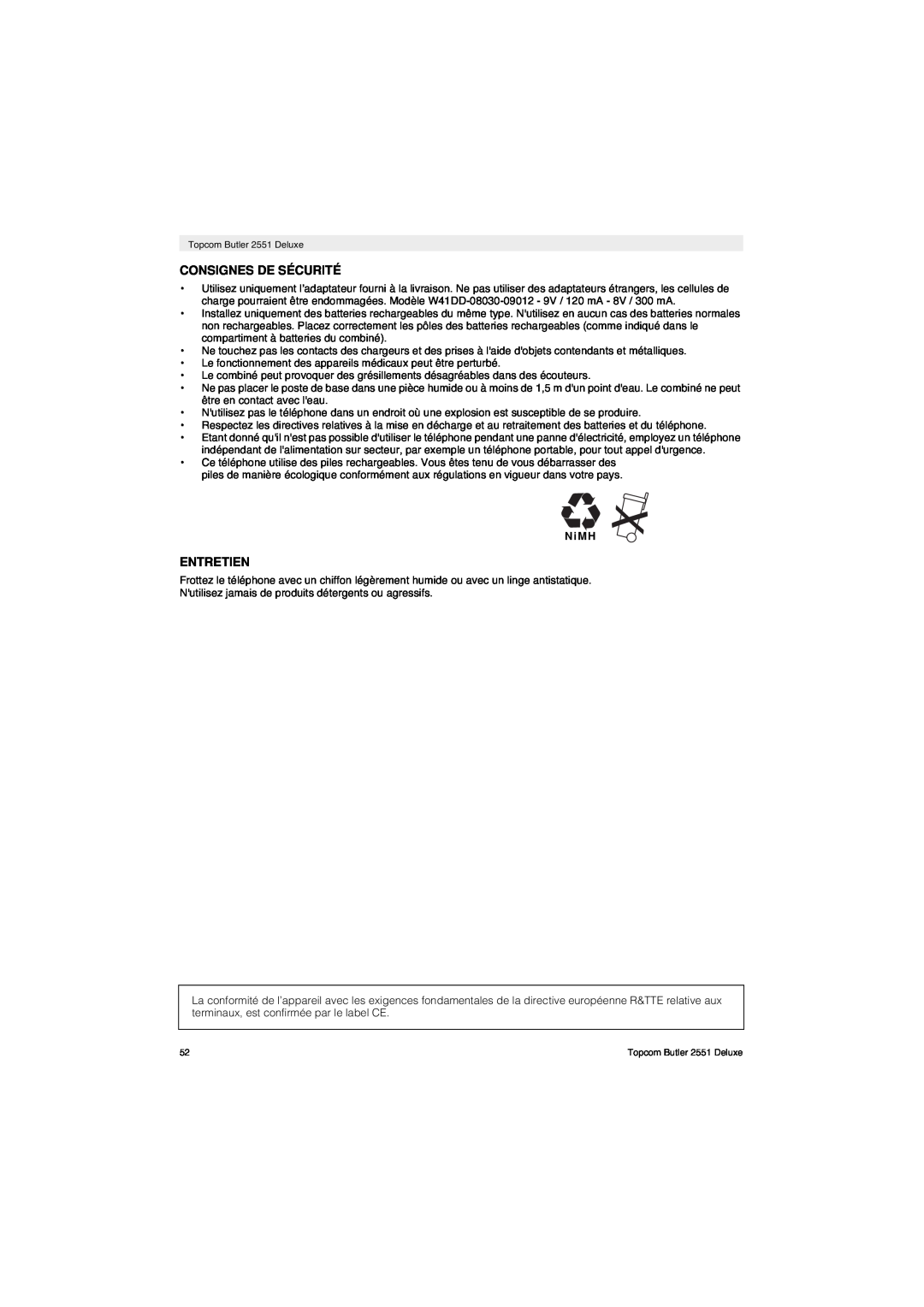Topcom 2551 manual Consignes De Sécurité, Entretien 
