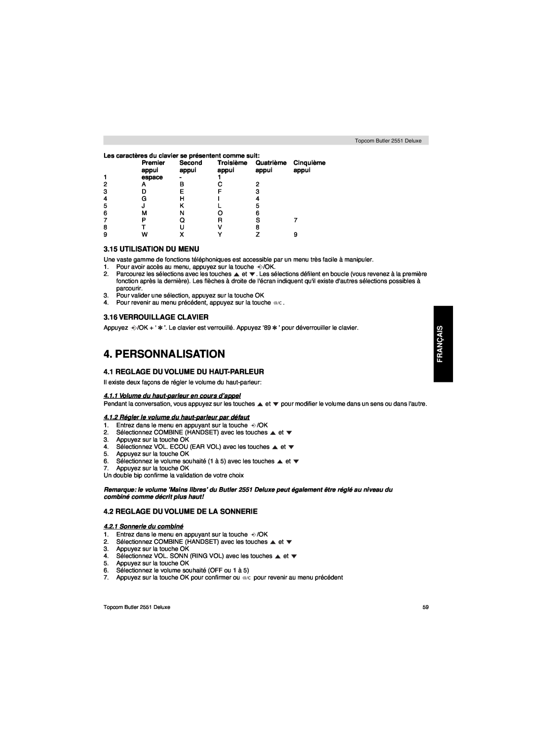 Topcom 2551 manual Personnalisation, Utilisation Du Menu, Verrouillage Clavier, Reglage Du Volume Du Haut-Parleur, Français 