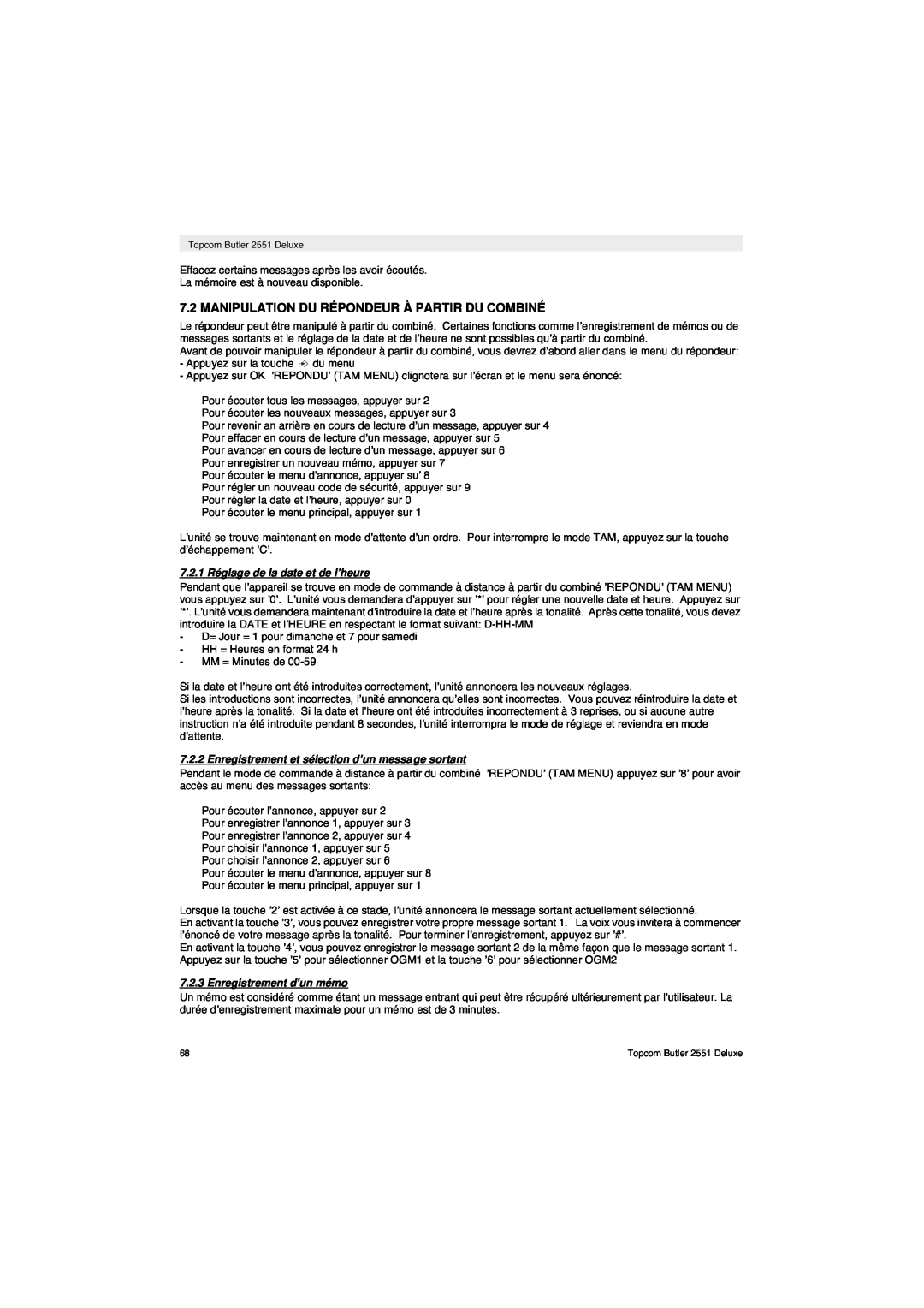 Topcom 2551 manual Manipulation Du Répondeur À Partir Du Combiné, 7.2.1 Réglage de la date et de l’heure 