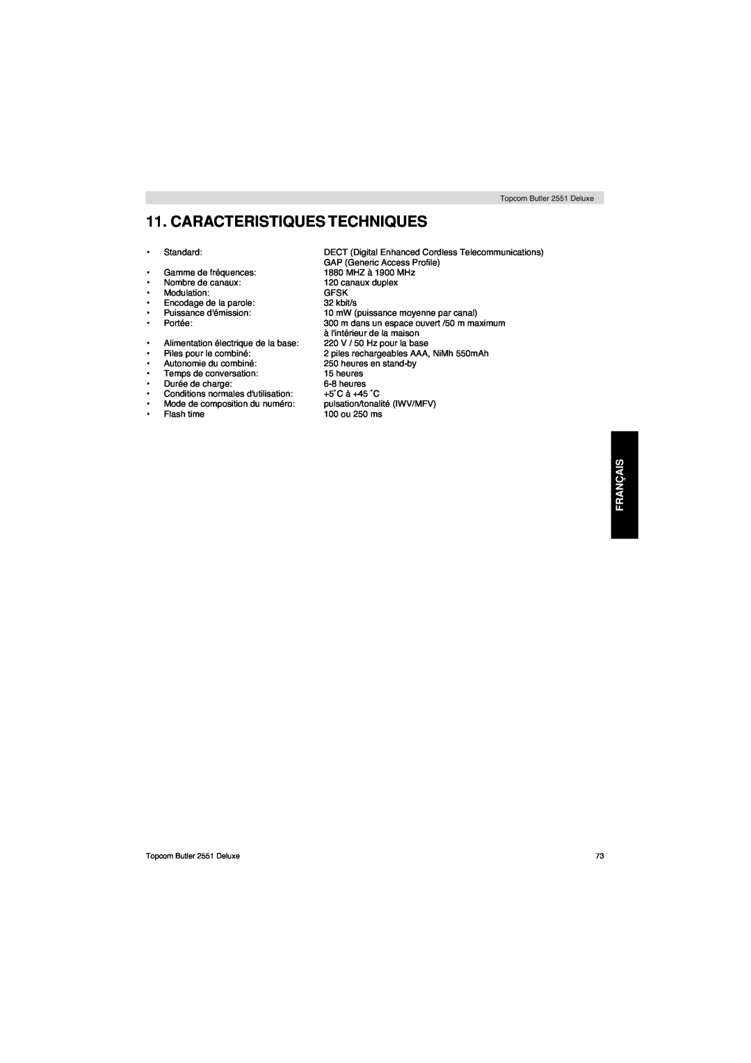 Topcom 2551 manual Caracteristiques Techniques, Français 