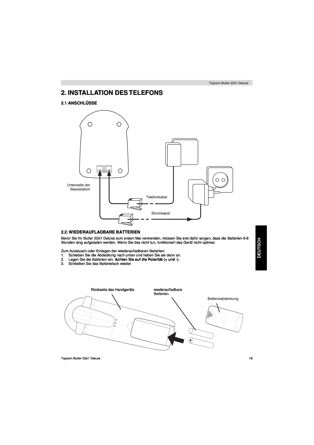 Topcom 2551 manual Installation Des Telefons, Anschlüsse, Wiederaufladbare Batterien, Deutsch 