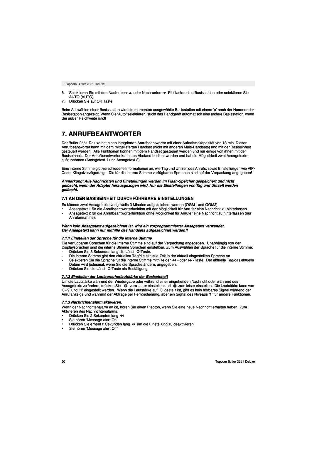 Topcom 2551 manual Anrufbeantworter, An Der Basiseinheit Durchführbare Einstellungen, Nachrichtenalarm aktivieren 