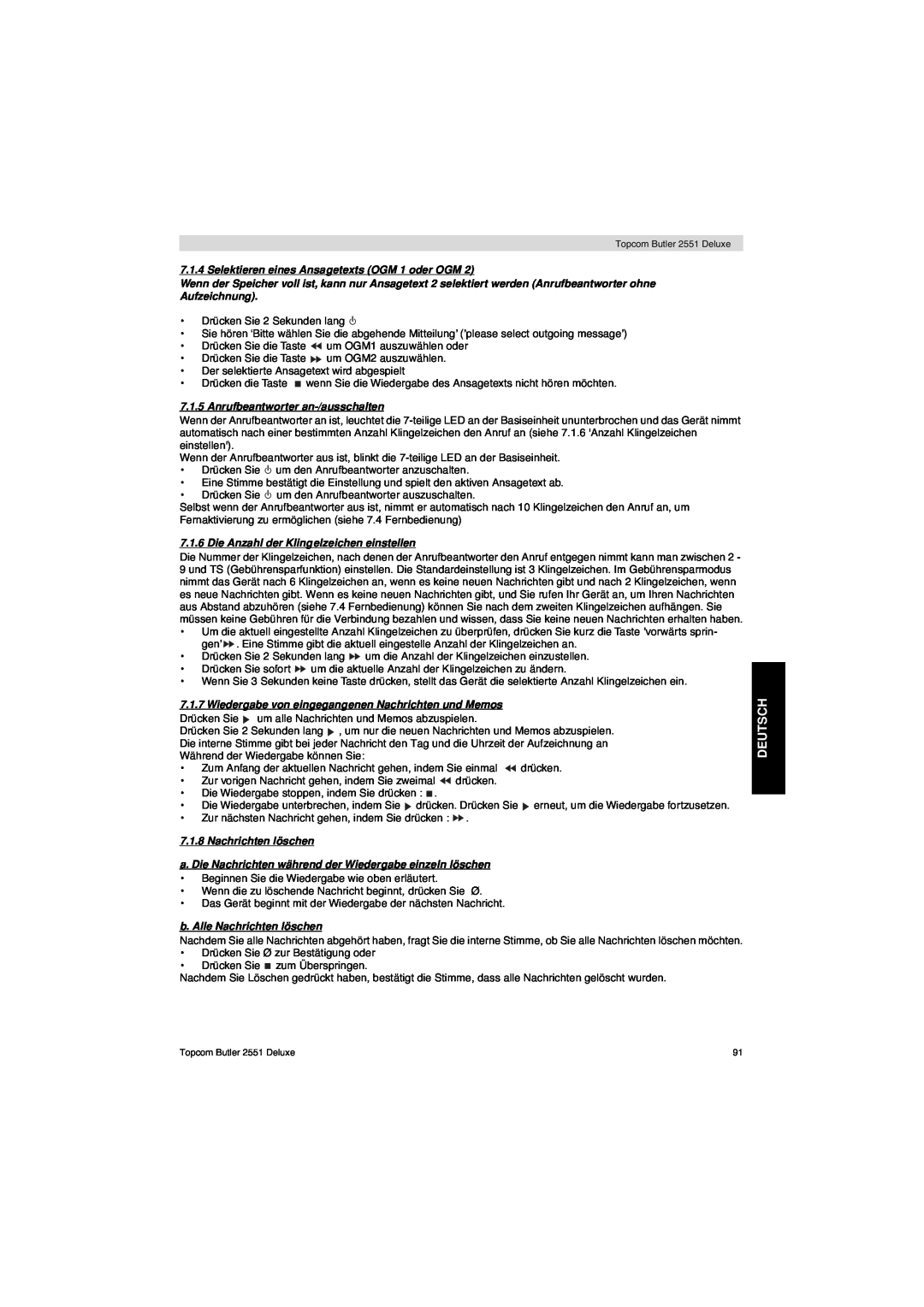 Topcom 2551 Deutsch, Selektieren eines Ansagetexts OGM 1 oder OGM, Anrufbeantworter an-/ausschalten, Nachrichten löschen 