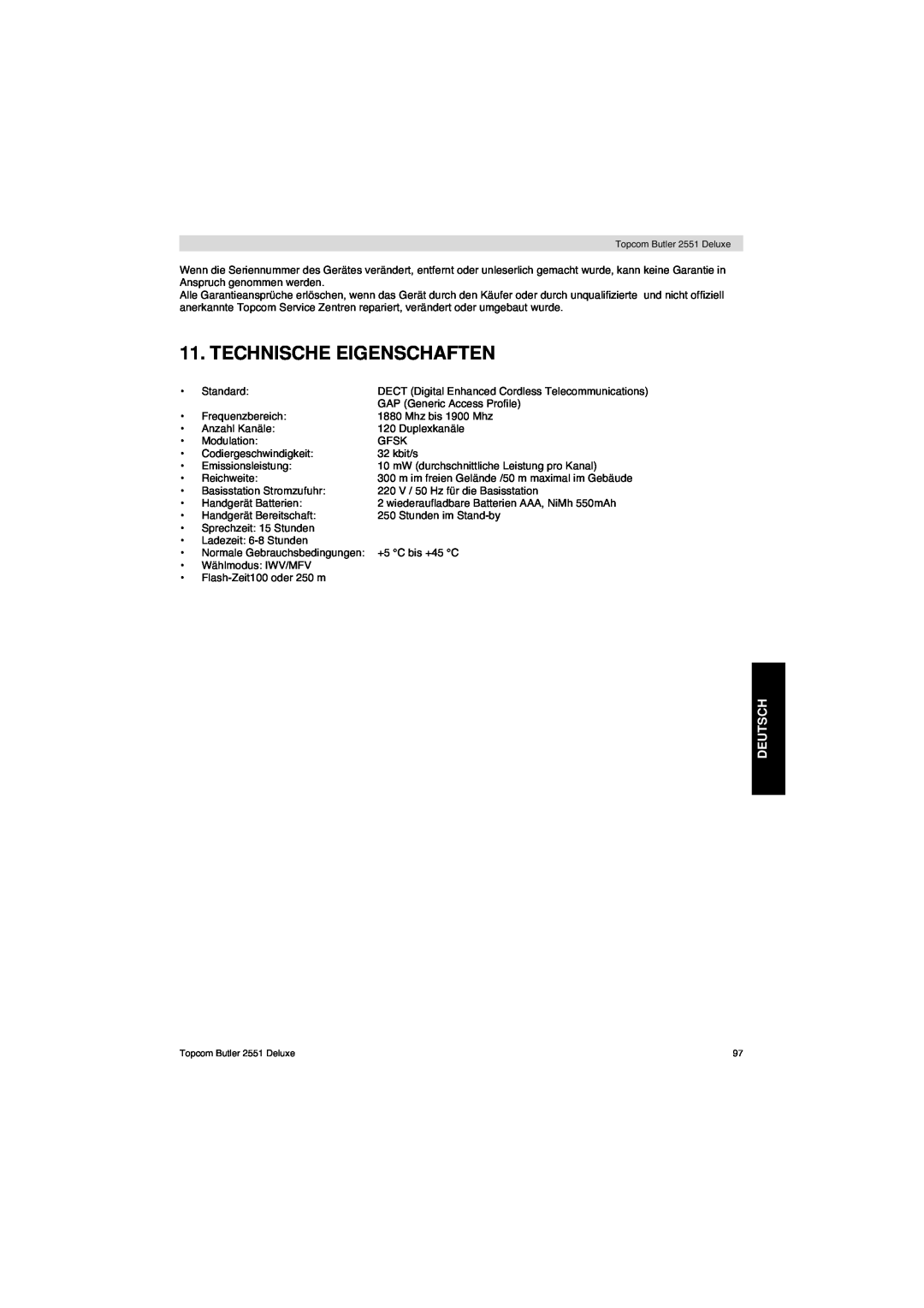 Topcom 2551 manual Technische Eigenschaften, Deutsch 