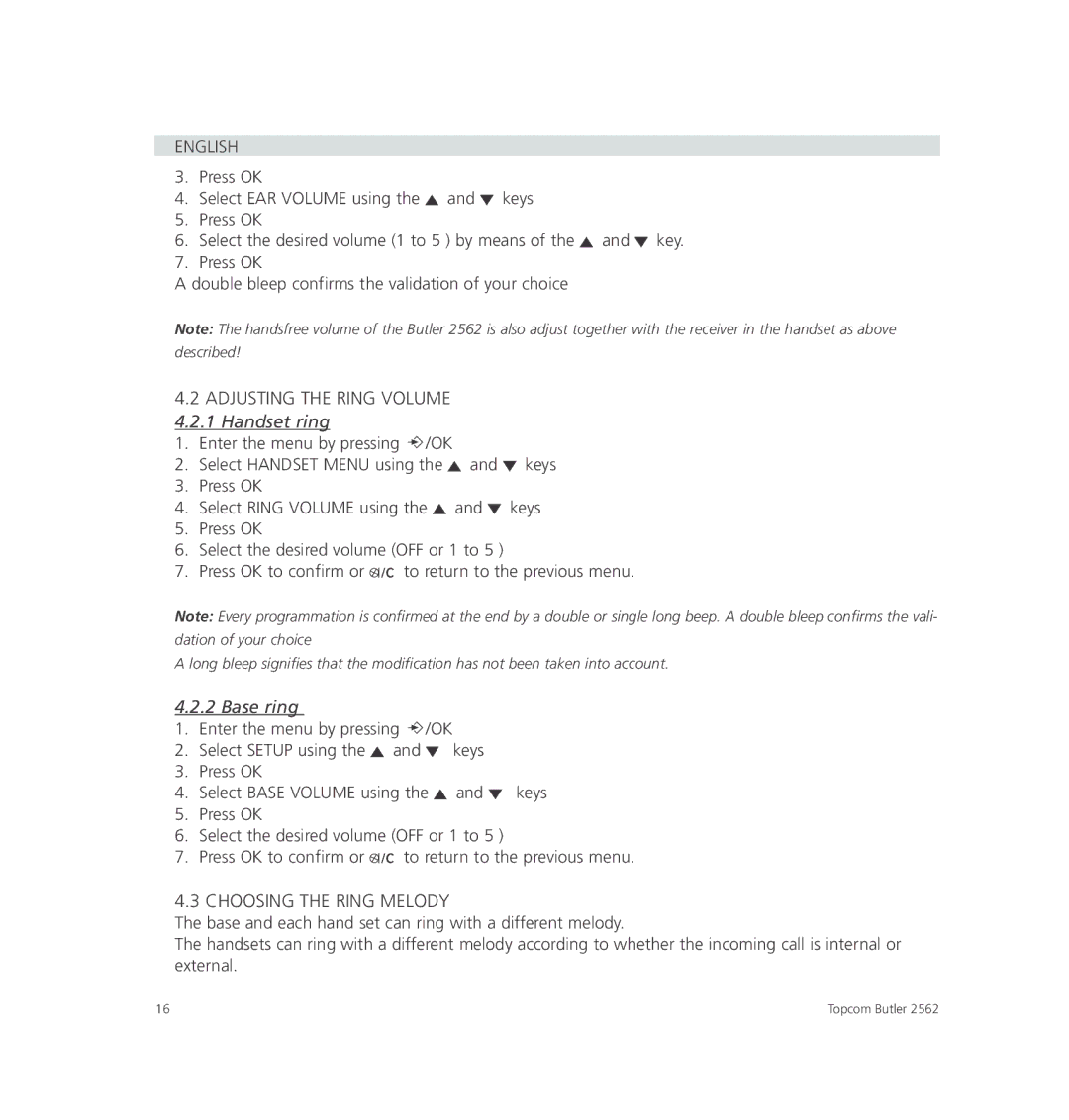 Topcom 2562 manual Adjusting the Ring Volume 4.2.1 Handset ring, Base ring, Choosing the Ring Melody 