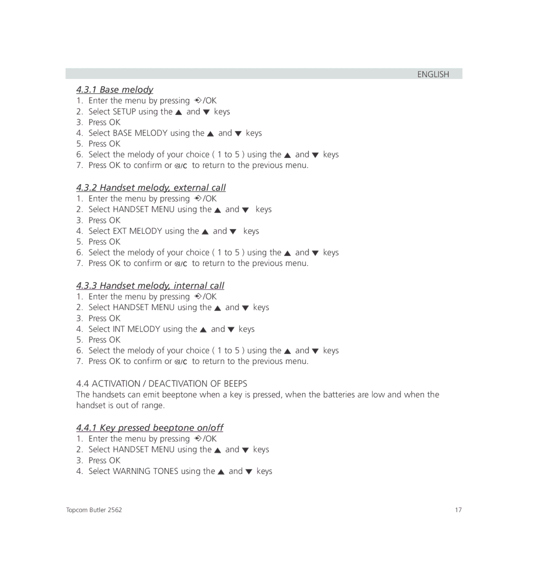 Topcom 2562 manual Base melody, Handset melody, internal call, Activation / Deactivation of Beeps 