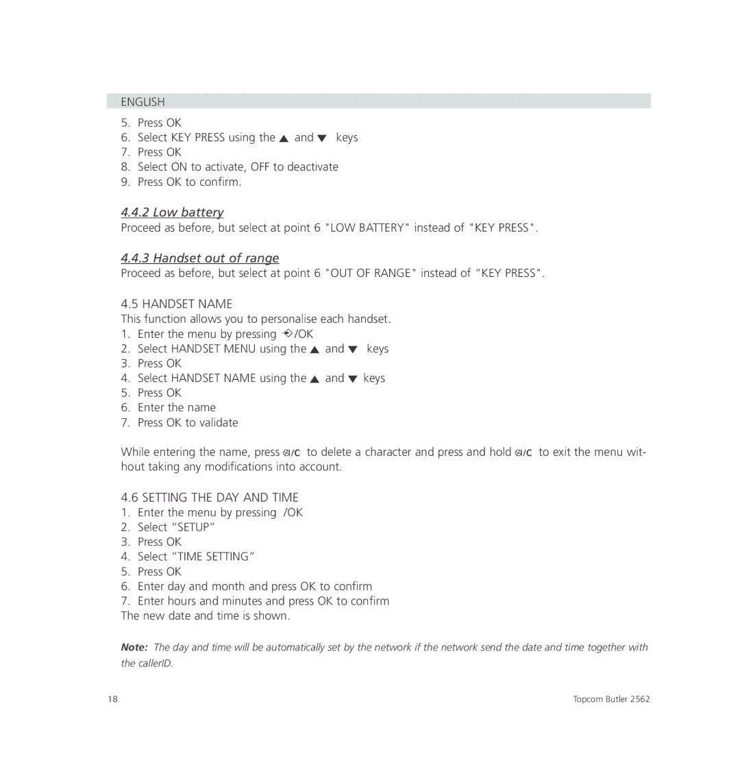 Topcom 2562 Low battery, Handset out of range, Handset Name, Setting the DAY and Time 1. Enter the menu by pressing /OK 
