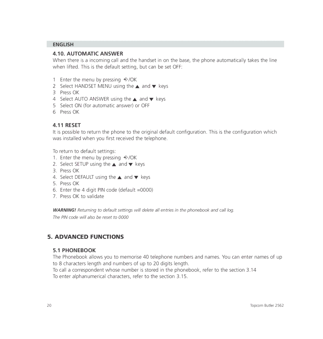 Topcom 2562 manual Advanced Functions, English Automatic Answer, Reset, Phonebook 