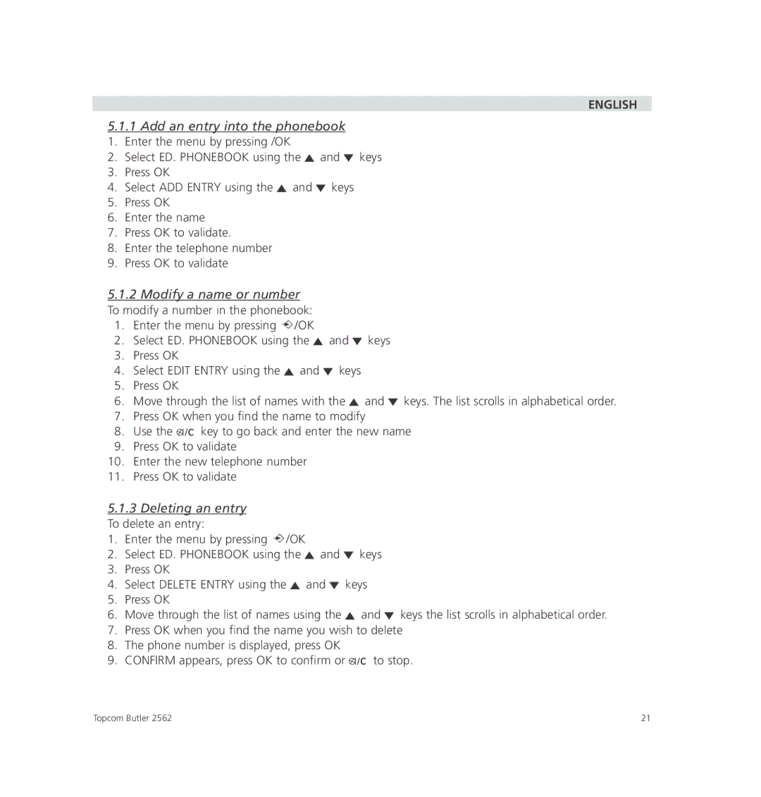 Topcom 2562 manual Modify a name or number, Deleting an entry 