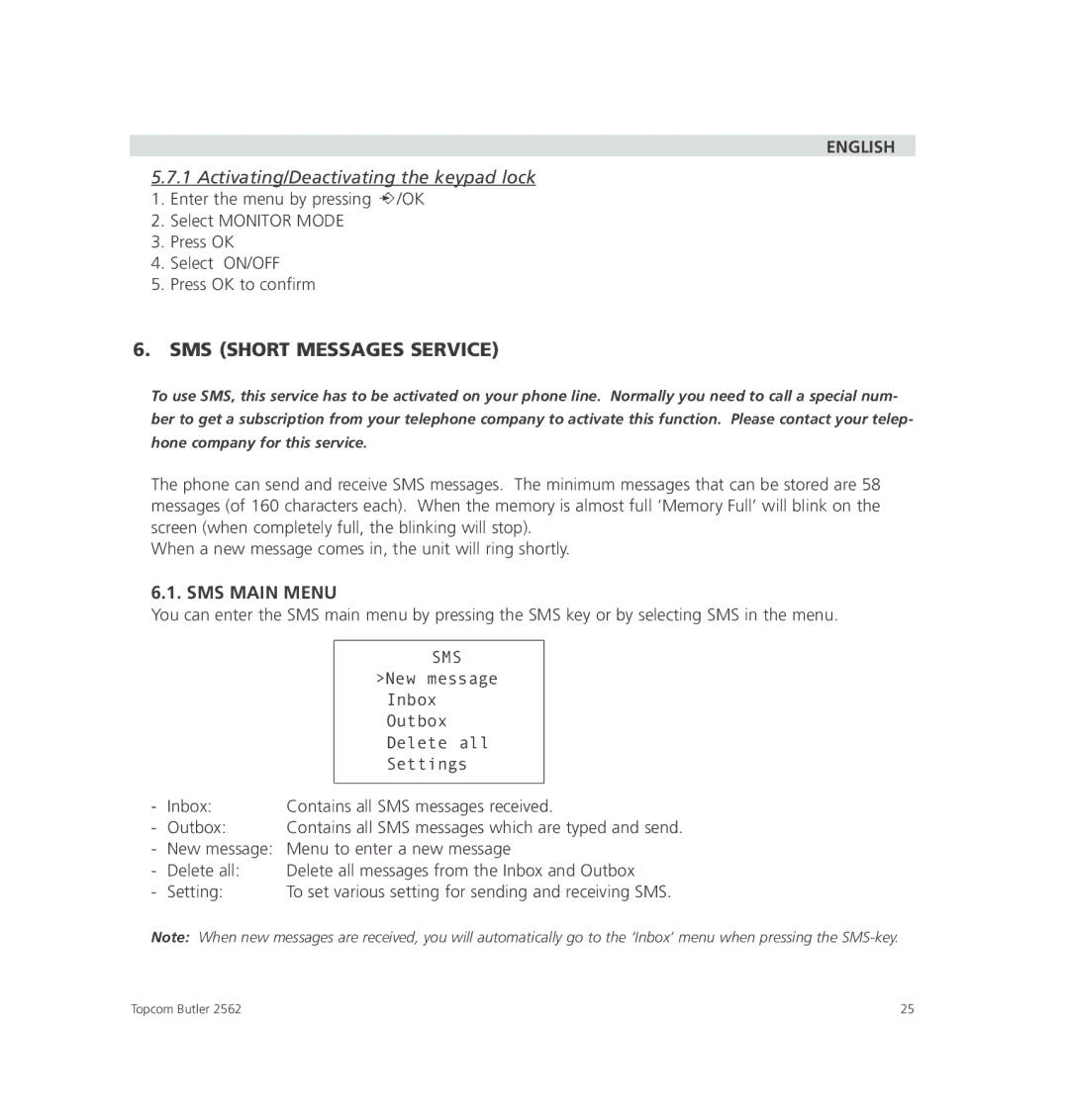 Topcom 2562 manual SMS Short Messages Service, SMS Main Menu 