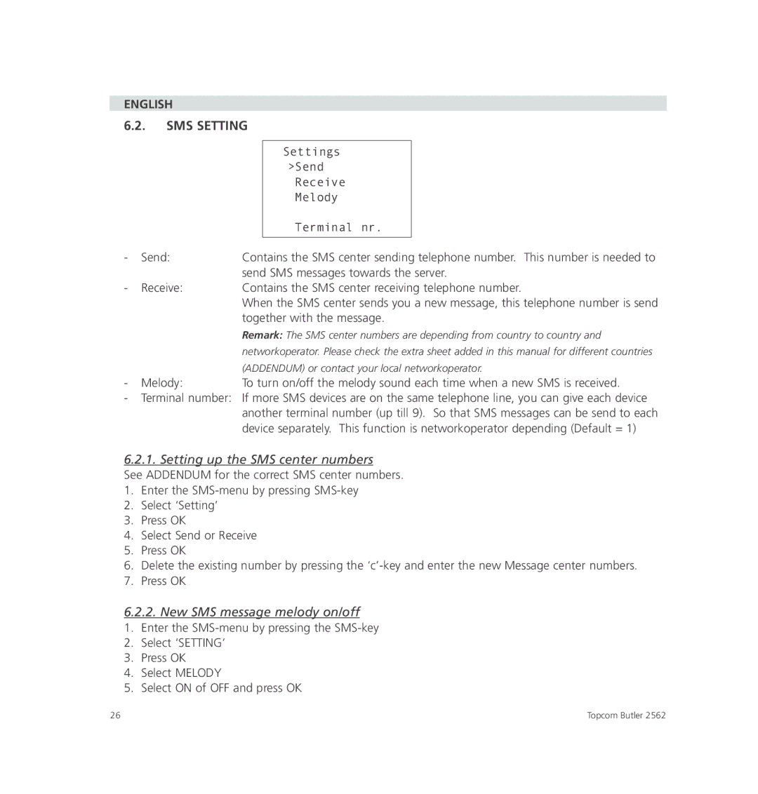 Topcom 2562 manual English SMS Setting, Setting up the SMS center numbers, New SMS message melody on/off 