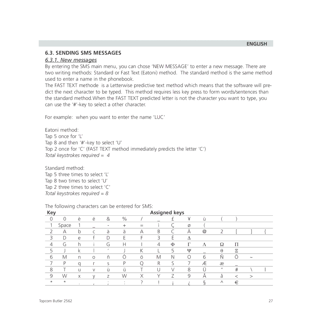 Topcom 2562 manual English Sending SMS Messages, New messages, Total keystrokes required = 