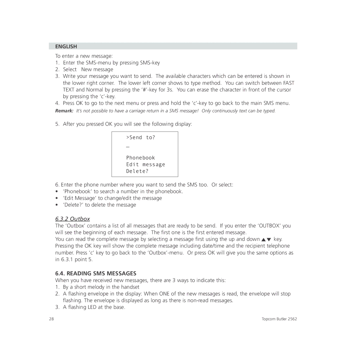 Topcom 2562 manual Outbox, Reading SMS Messages 