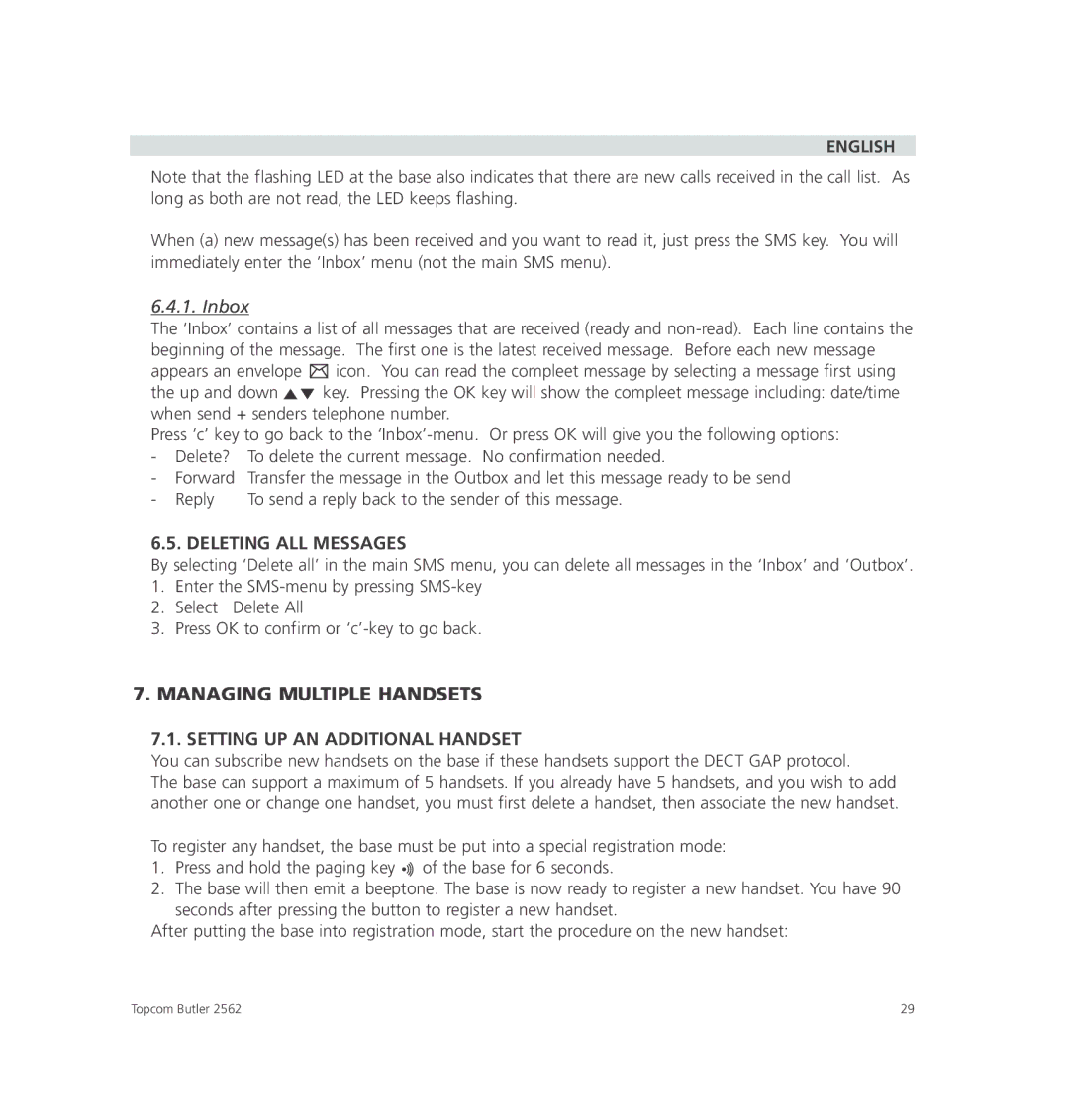 Topcom 2562 manual Managing Multiple Handsets, Inbox, Deleting ALL Messages, Setting UP AN Additional Handset 