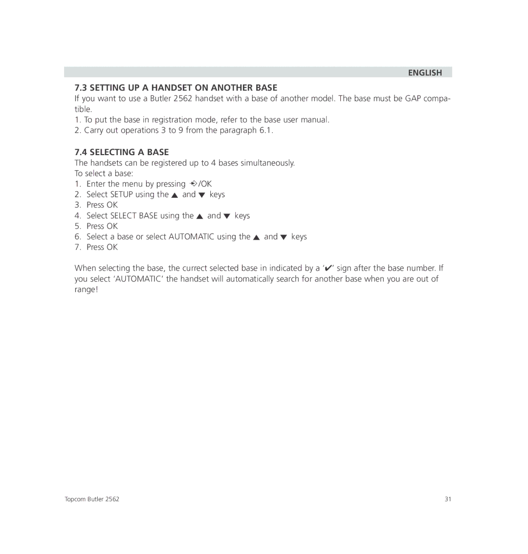 Topcom 2562 manual English Setting UP a Handset on Another Base, Selecting a Base 