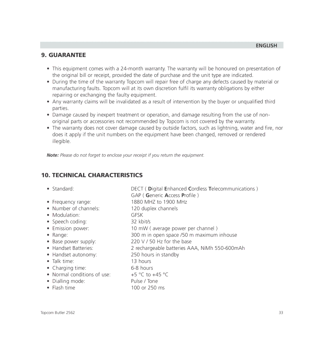 Topcom 2562 manual Guarantee, Technical Characteristics 