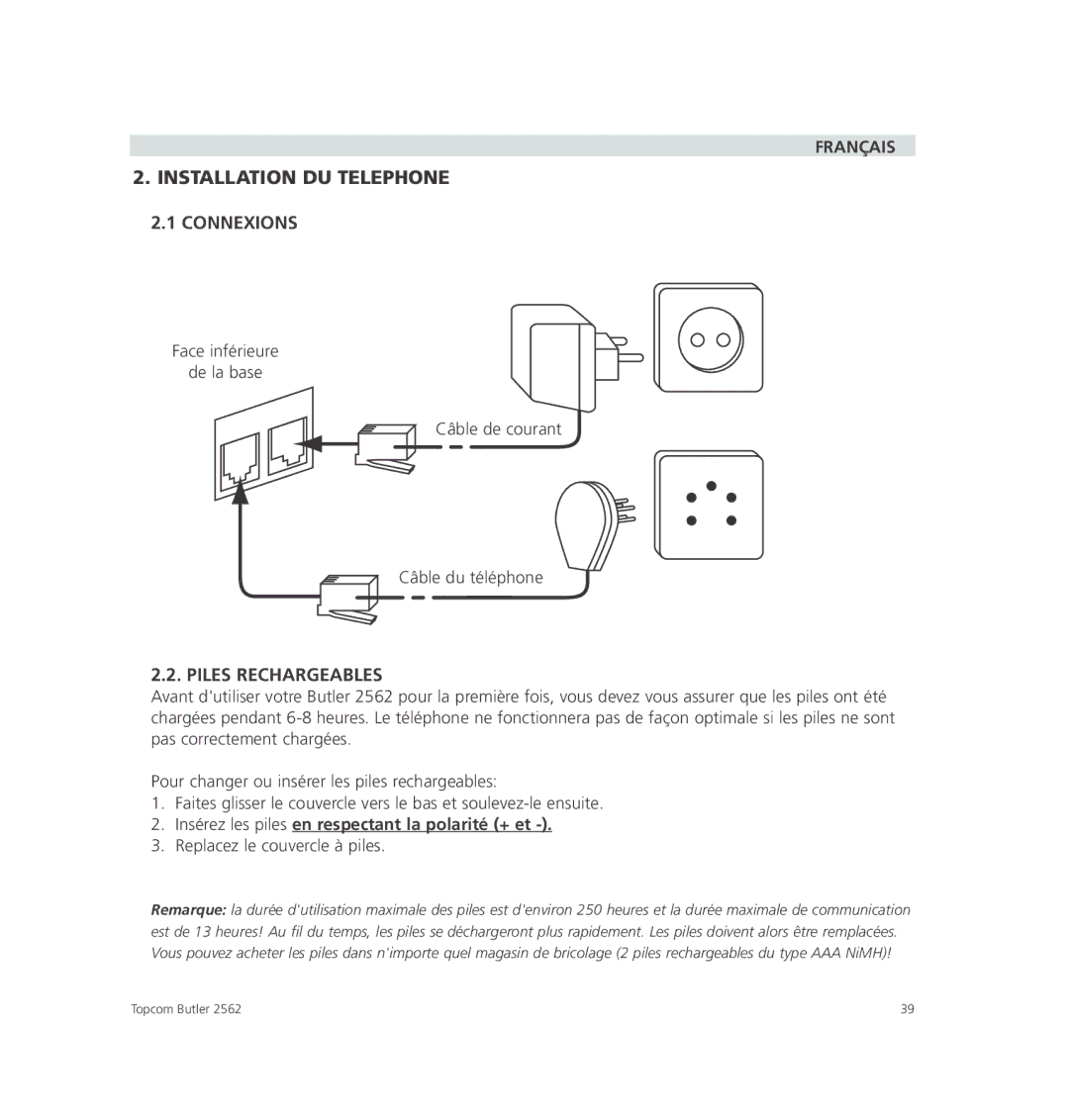 Topcom 2562 Installation DU Telephone, Connexions, Piles Rechargeables, Insérez les piles en respectant la polarité + et 