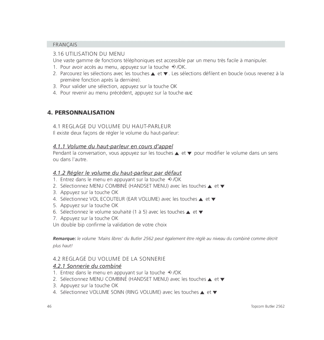 Topcom 2562 manual Personnalisation, Français Utilisation DU Menu, Reglage DU Volume DU HAUT-PARLEUR 