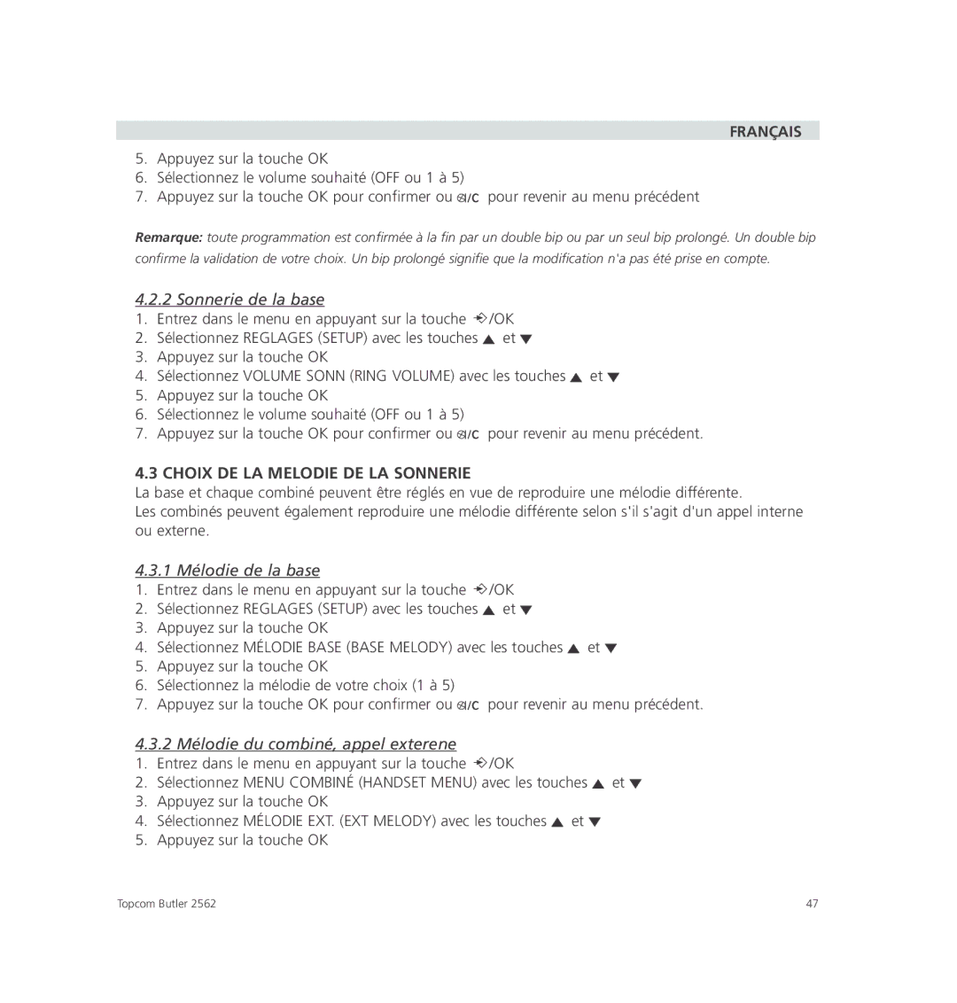 Topcom 2562 manual Sonnerie de la base, Choix DE LA Melodie DE LA Sonnerie, 1 Mélodie de la base 