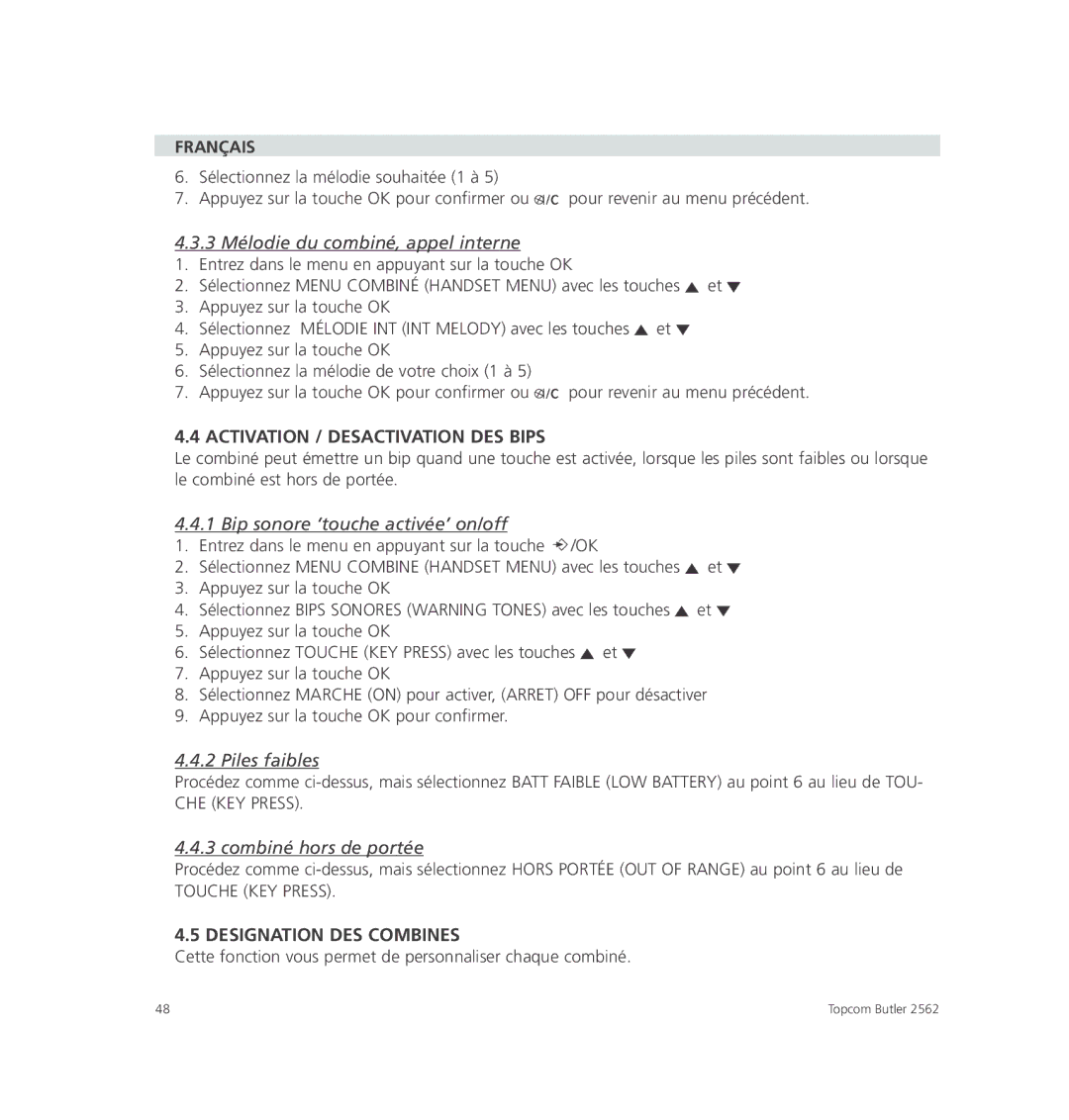 Topcom 2562 manual Activation / Desactivation DES Bips, Designation DES Combines 