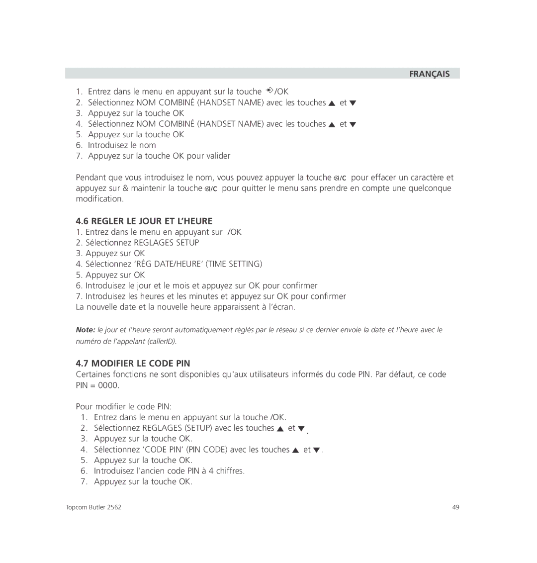 Topcom 2562 manual Regler LE Jour ET L’HEURE, Modifier LE Code PIN 