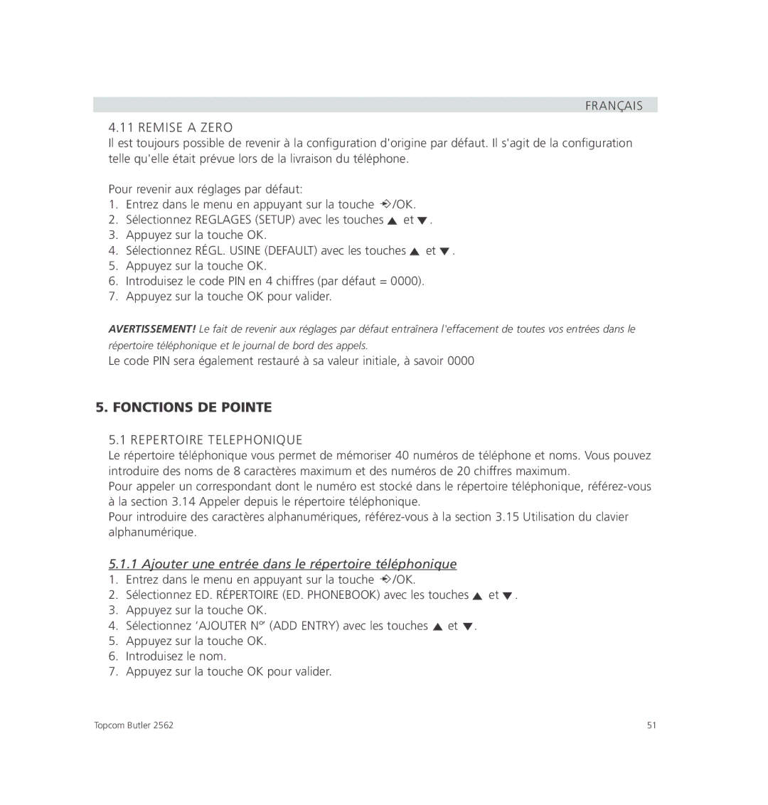 Topcom 2562 manual Fonctions DE Pointe, Français Remise a Zero, Repertoire Telephonique 