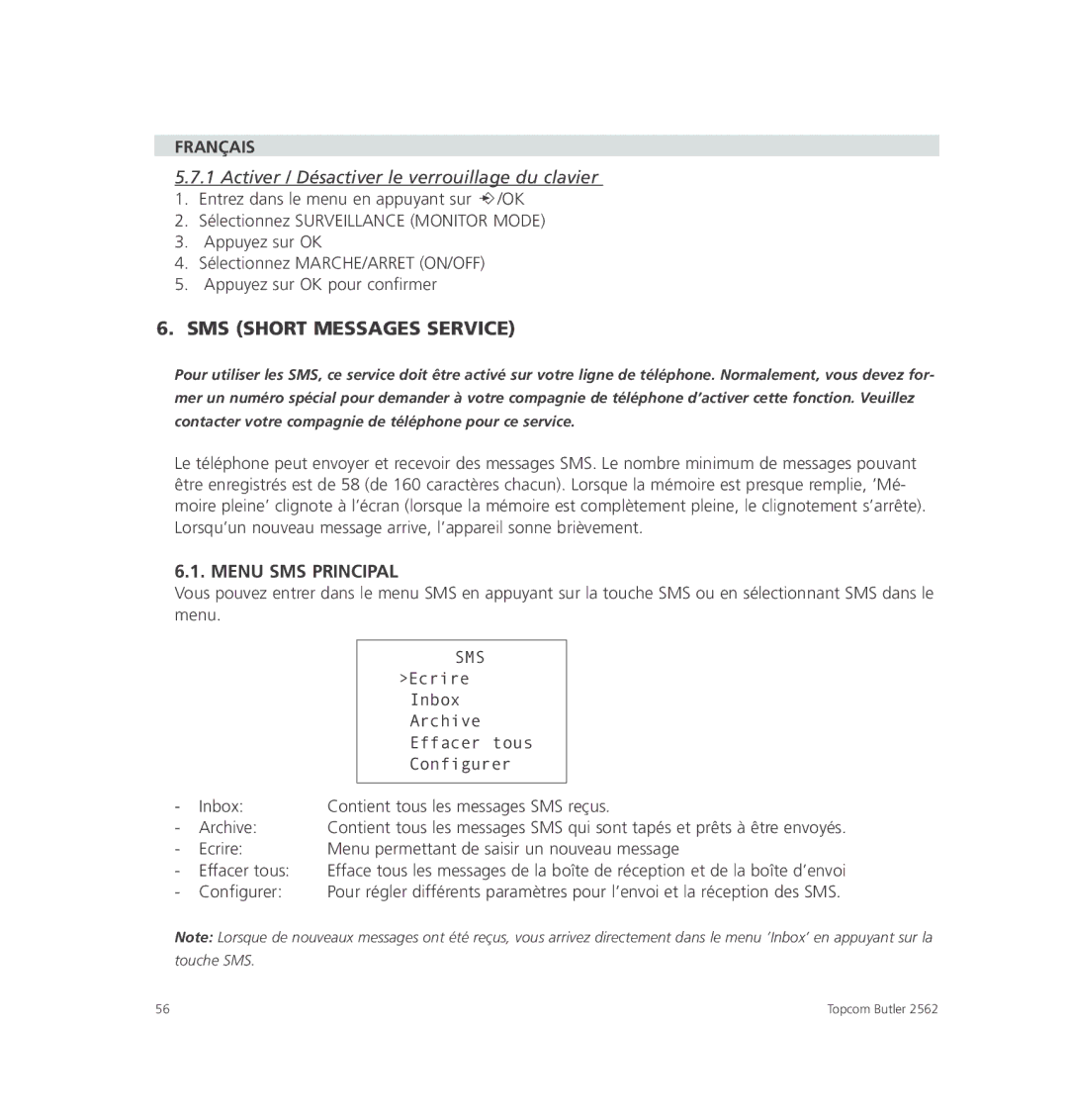 Topcom 2562 manual Menu SMS Principal, Configurer 