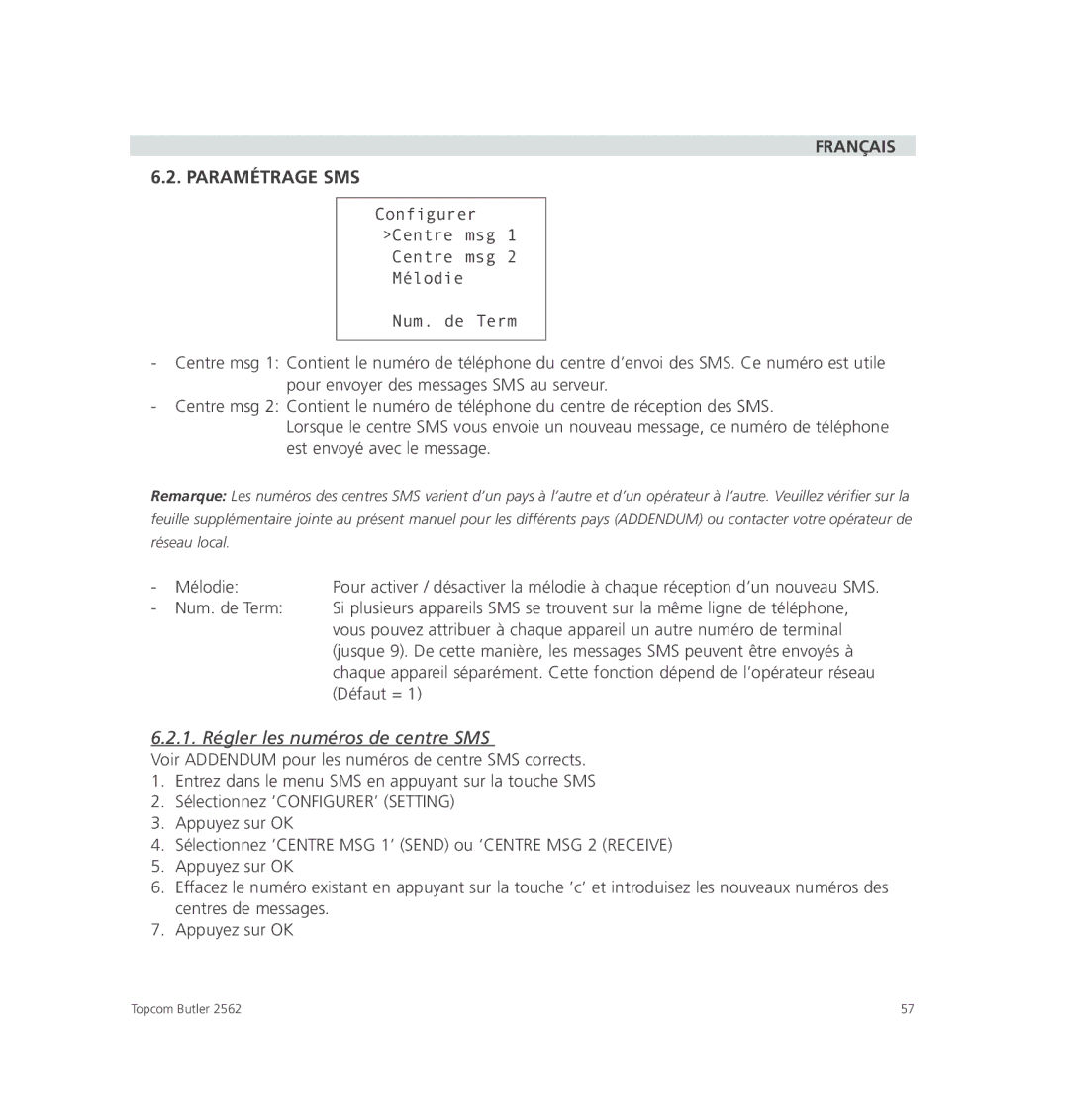 Topcom 2562 manual Français Paramétrage SMS, 1. Régler les numéros de centre SMS 