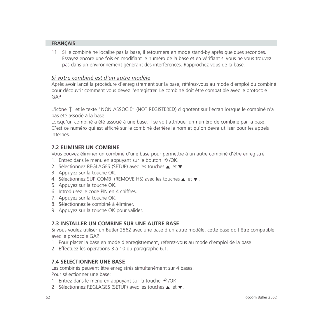 Topcom 2562 manual Si votre combiné est d’un autre modèle, Eliminer UN Combine, Installer UN Combine SUR UNE Autre Base 