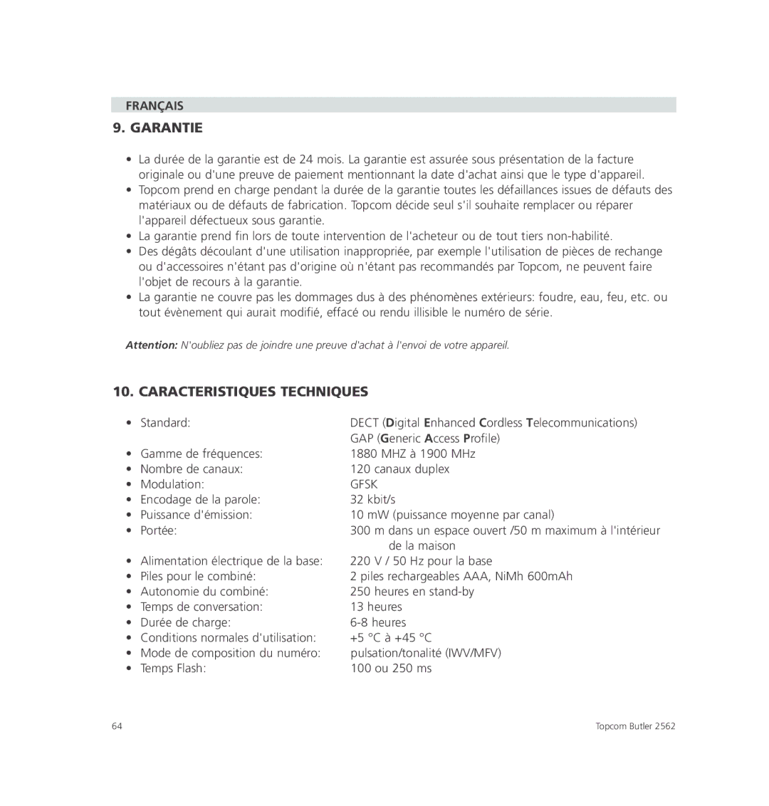 Topcom 2562 manual Garantie, Caracteristiques Techniques 