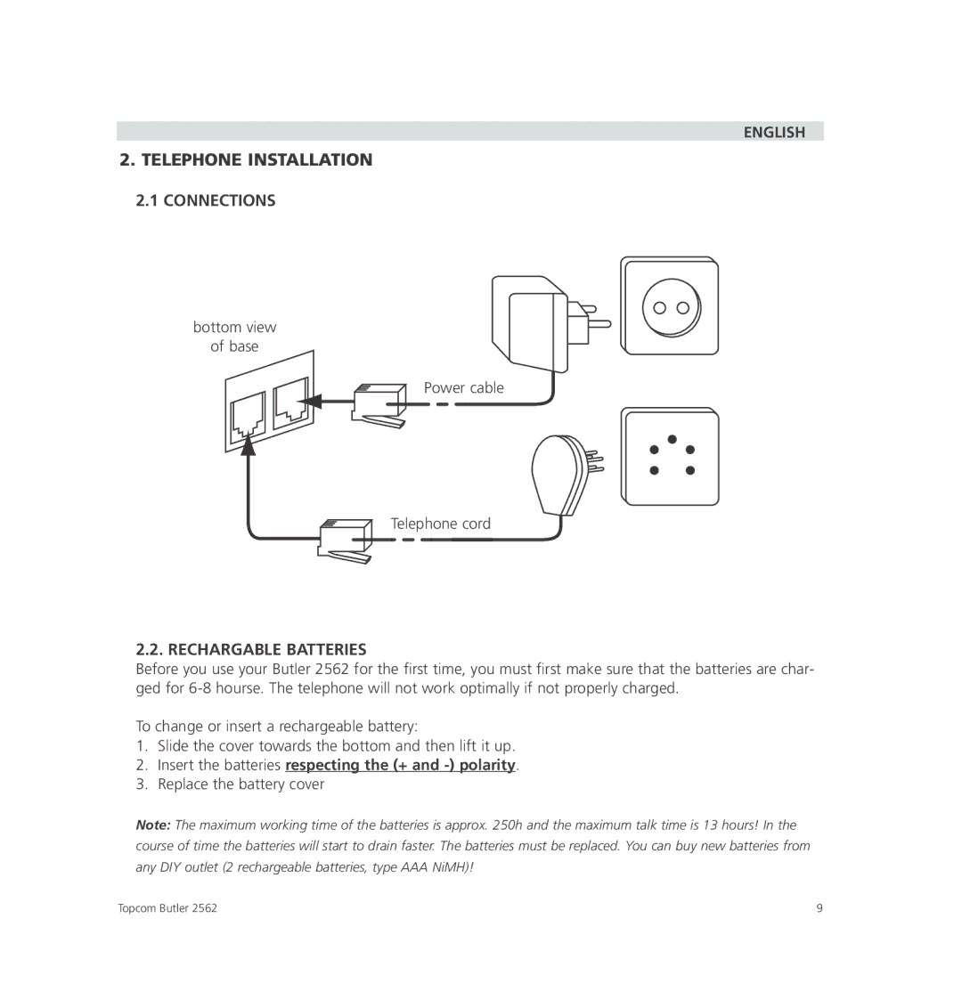 Topcom 2562 Telephone Installation, Connections, Rechargable Batteries, Insert the batteries respecting the + and polarity 