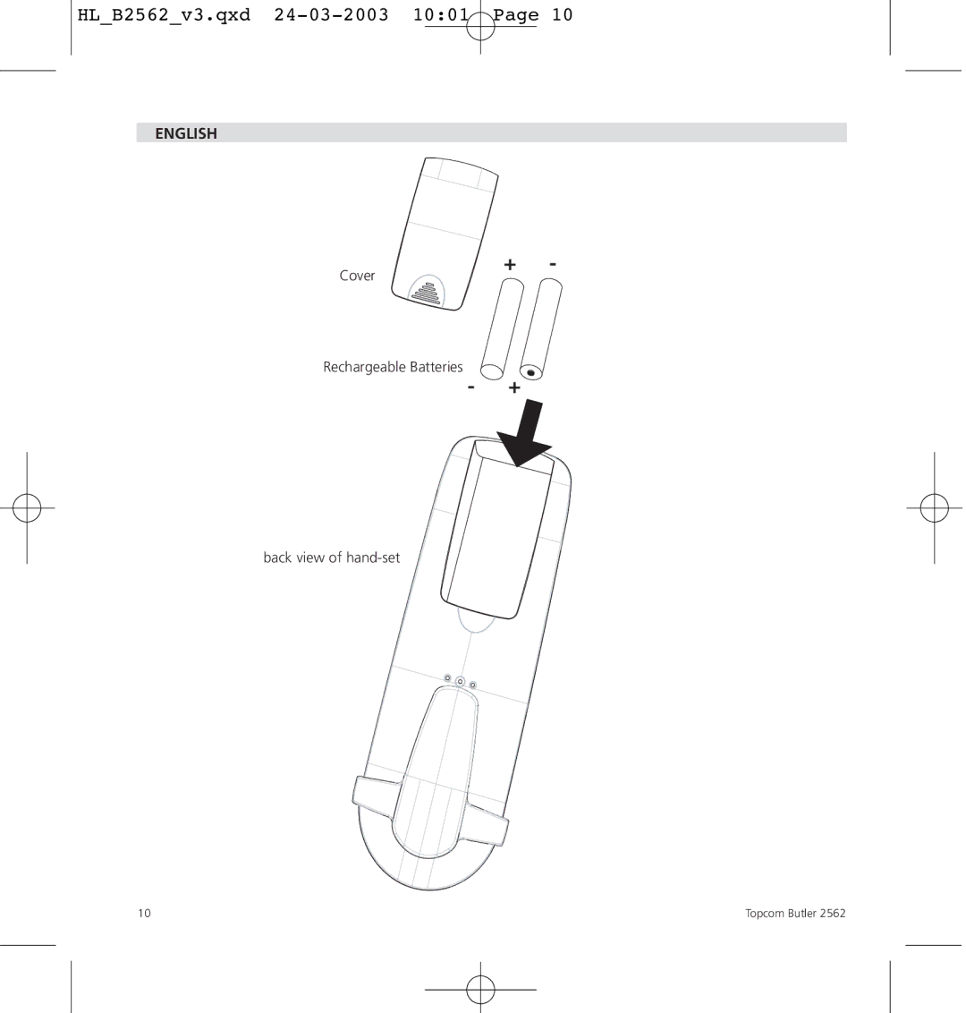 Topcom 2562 manual Cover Rechargeable Batteries Back view of hand-set 