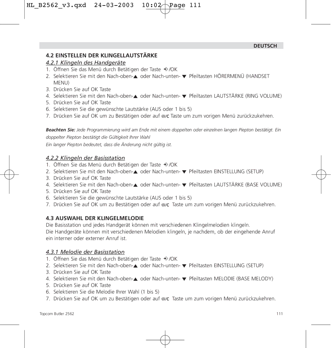 Topcom 2562 manual Klingeln der Basisstation, Auswahl DER Klingelmelodie, Melodie der Basisstation 