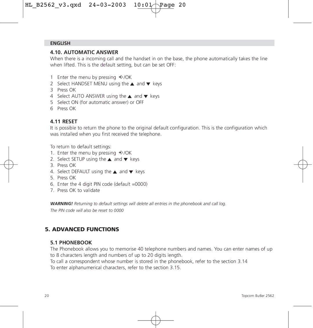 Topcom 2562 manual Advanced Functions, English Automatic Answer, Reset, Phonebook 