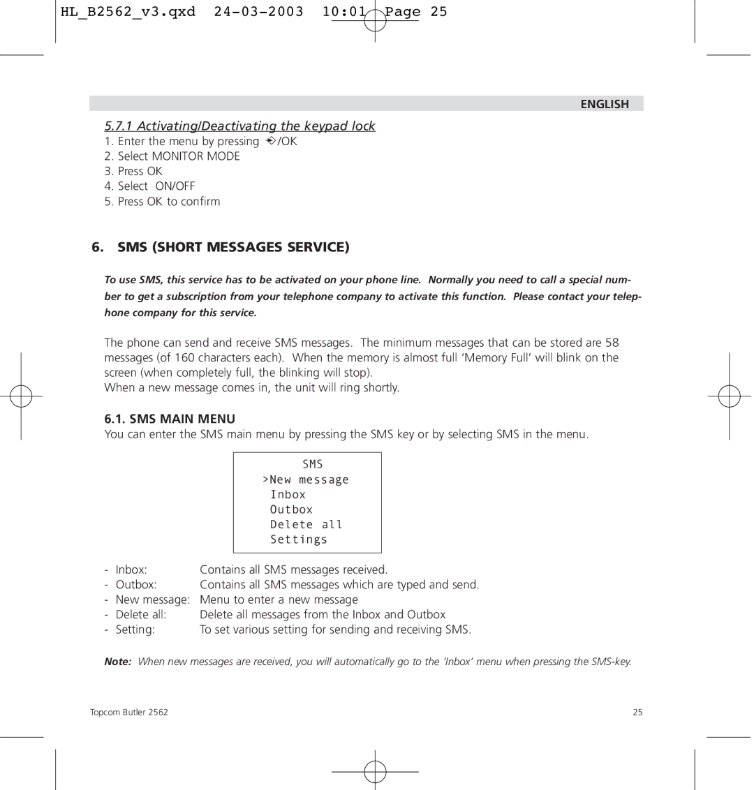 Topcom 2562 manual SMS Short Messages Service, SMS Main Menu 