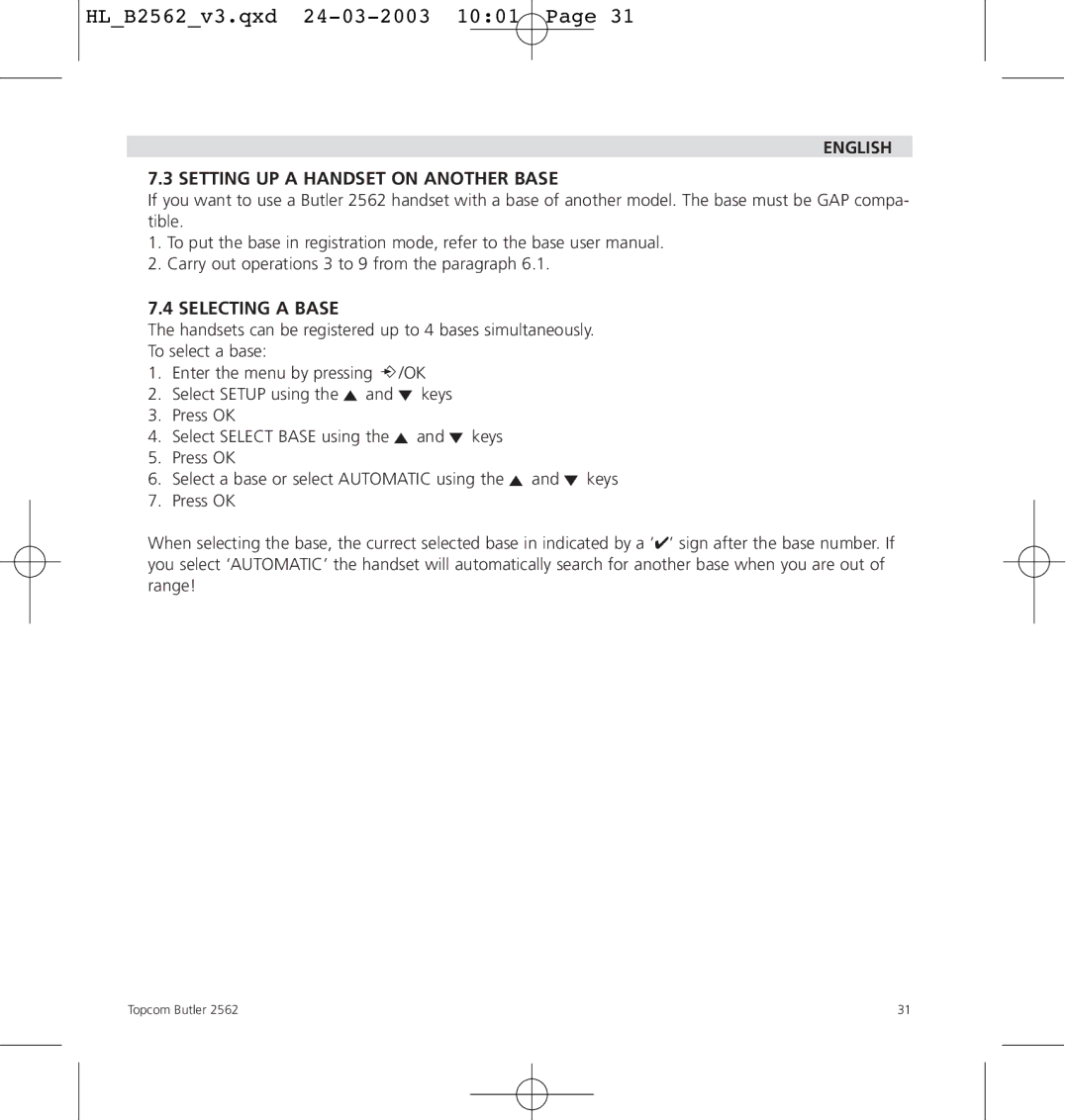 Topcom 2562 manual English Setting UP a Handset on Another Base, Selecting a Base 