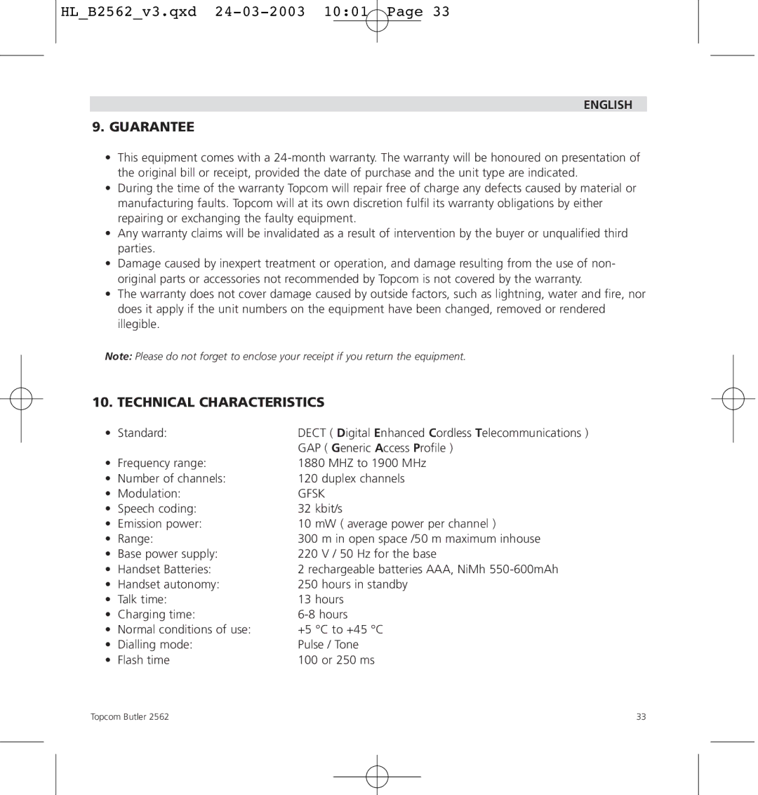 Topcom 2562 manual Guarantee, Technical Characteristics 