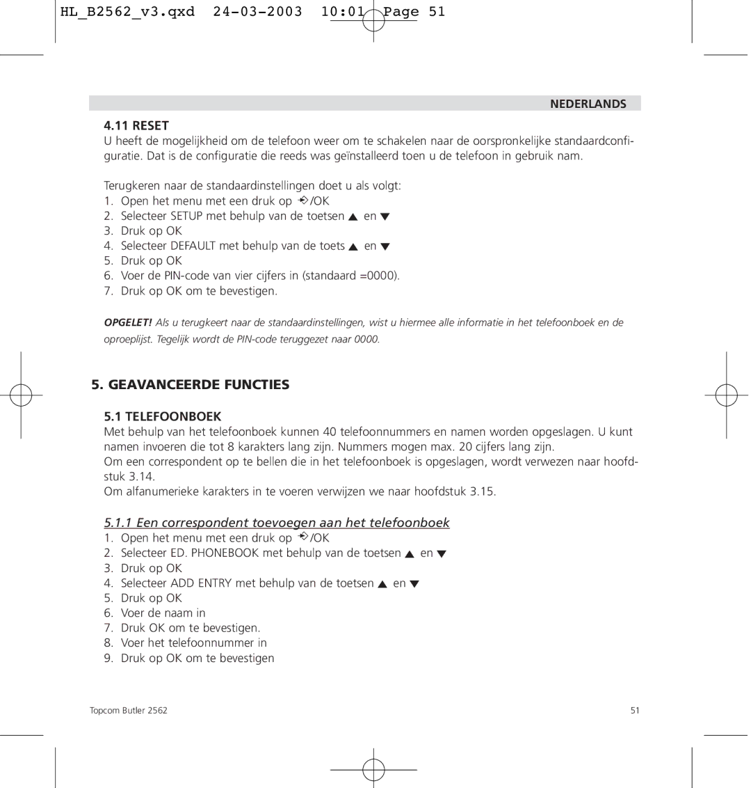 Topcom 2562 manual Geavanceerde Functies, Telefoonboek 