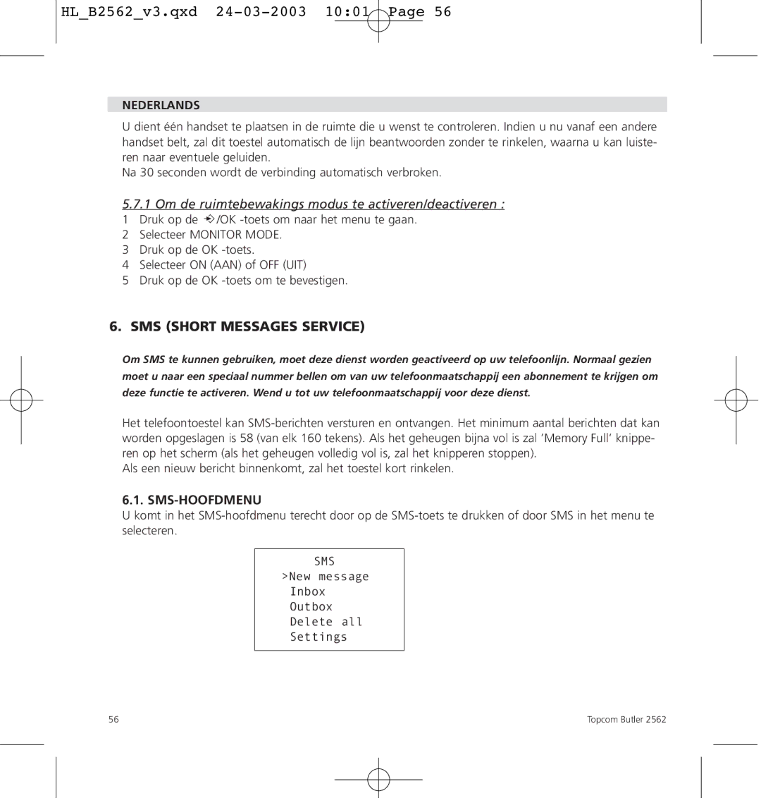 Topcom 2562 manual SMS Short Messages Service, Sms-Hoofdmenu 