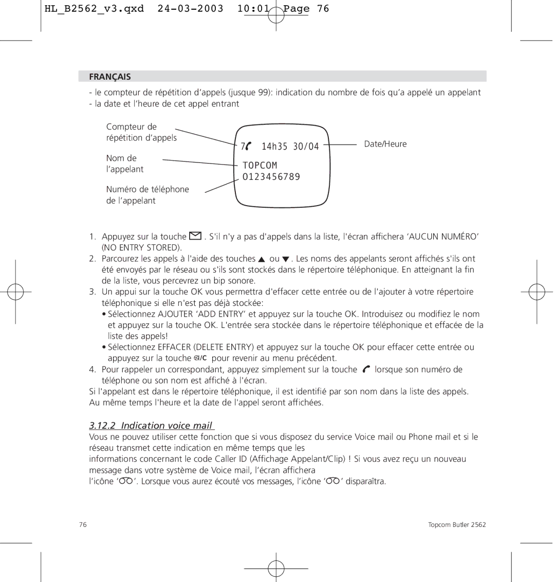 Topcom 2562 manual Indication voice mail 