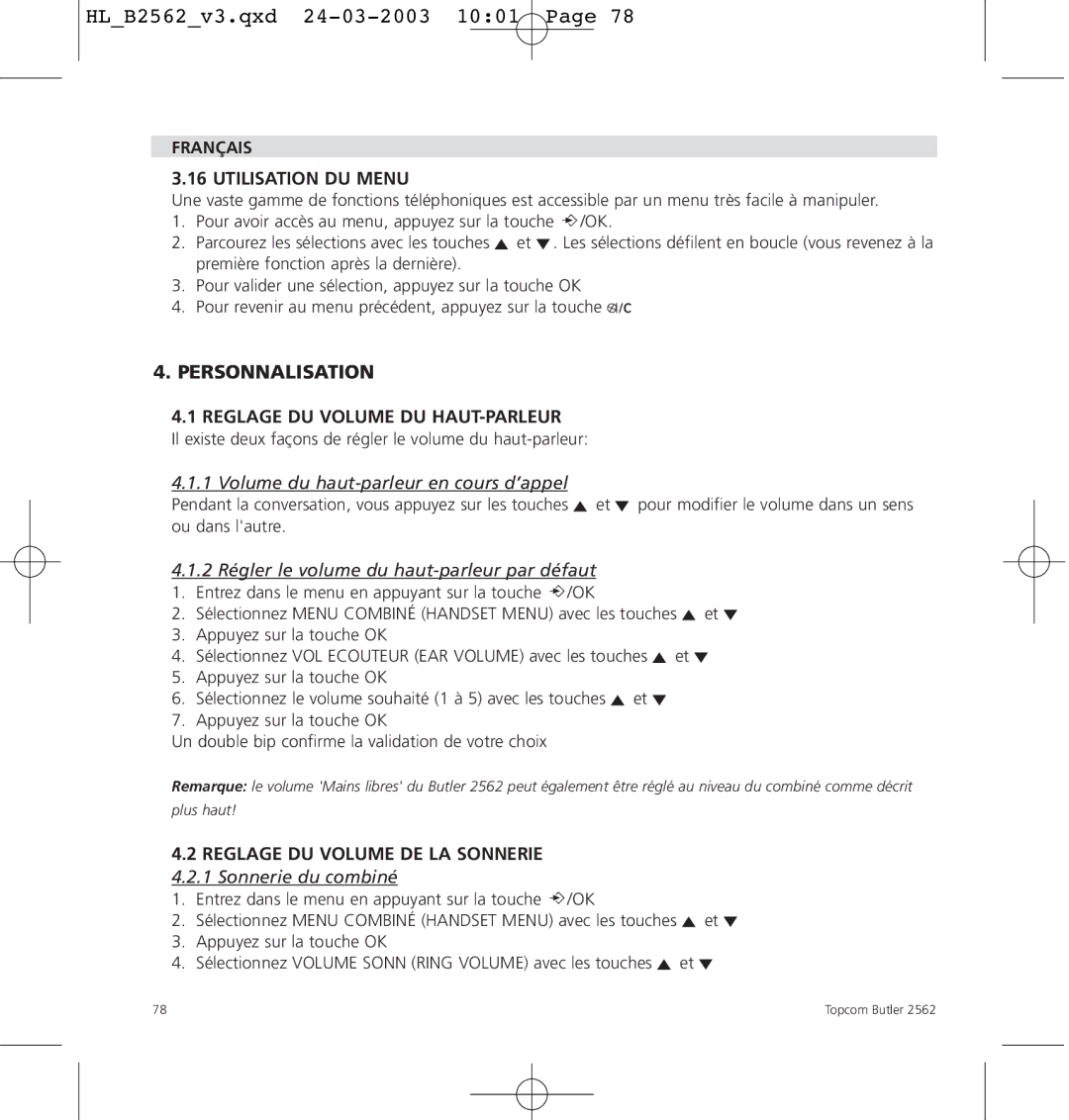 Topcom 2562 manual Personnalisation, Français Utilisation DU Menu, Reglage DU Volume DU HAUT-PARLEUR 