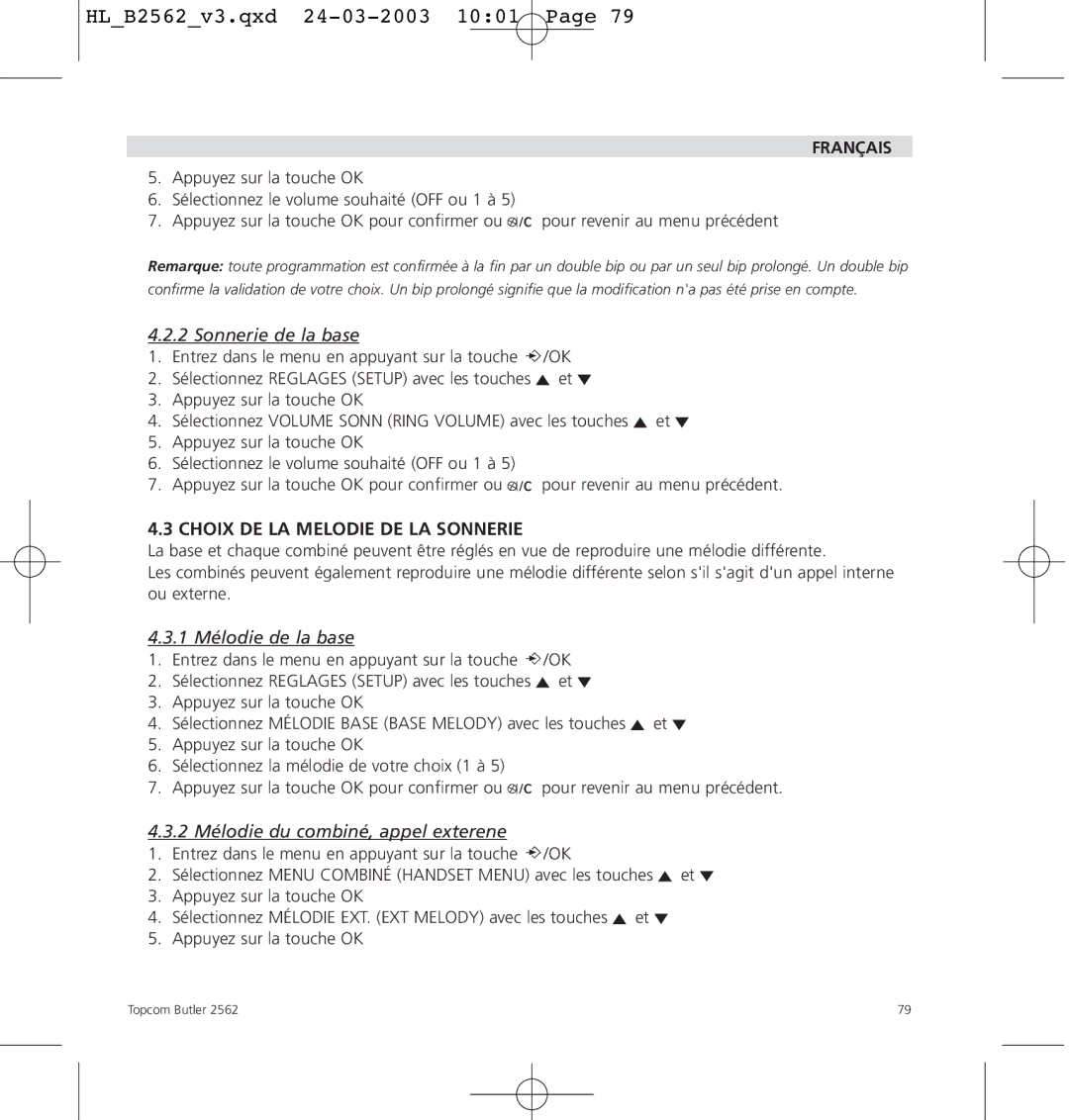 Topcom 2562 manual Sonnerie de la base, Choix DE LA Melodie DE LA Sonnerie, 1 Mélodie de la base 