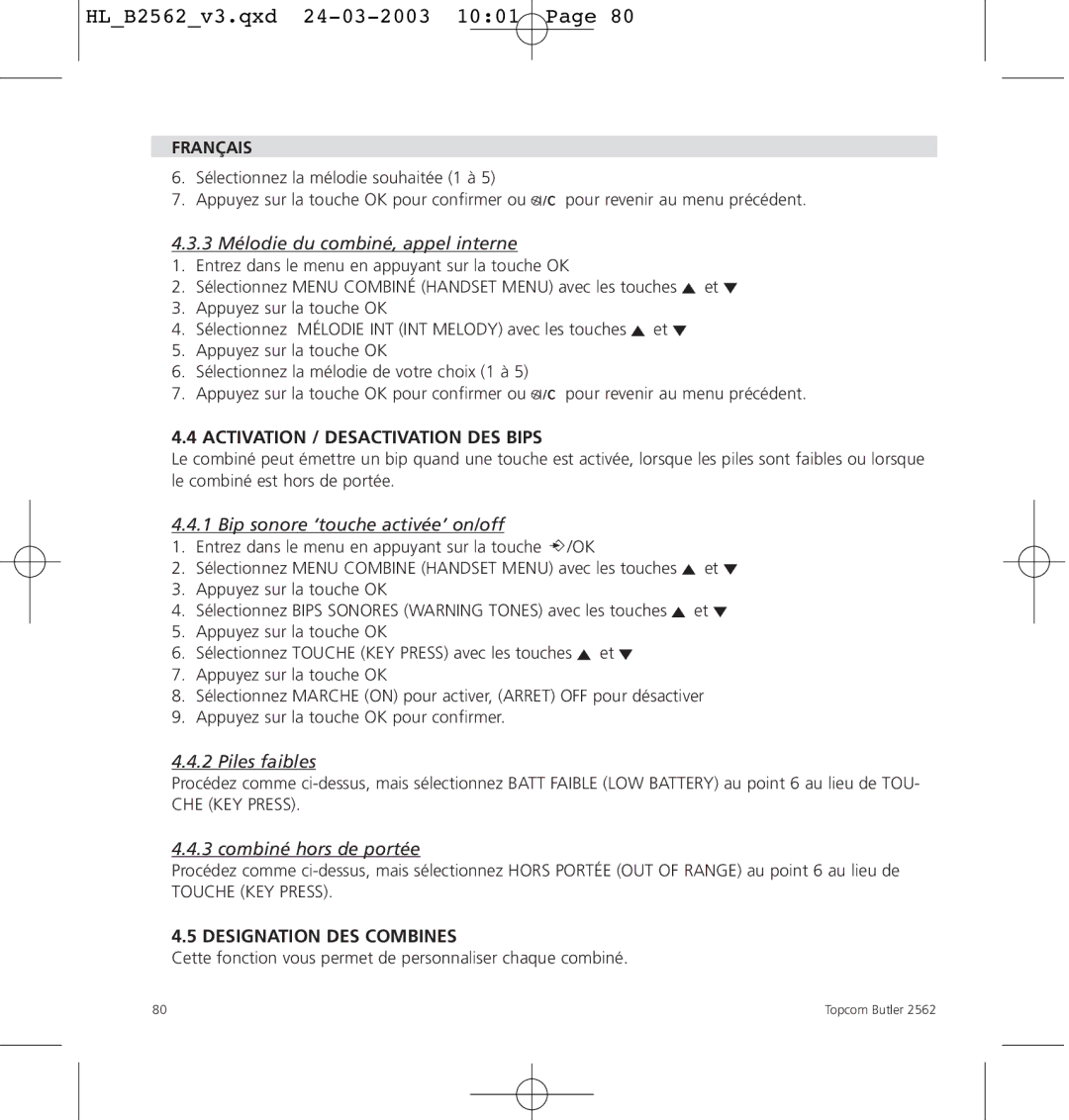 Topcom 2562 manual Activation / Desactivation DES Bips, Designation DES Combines 