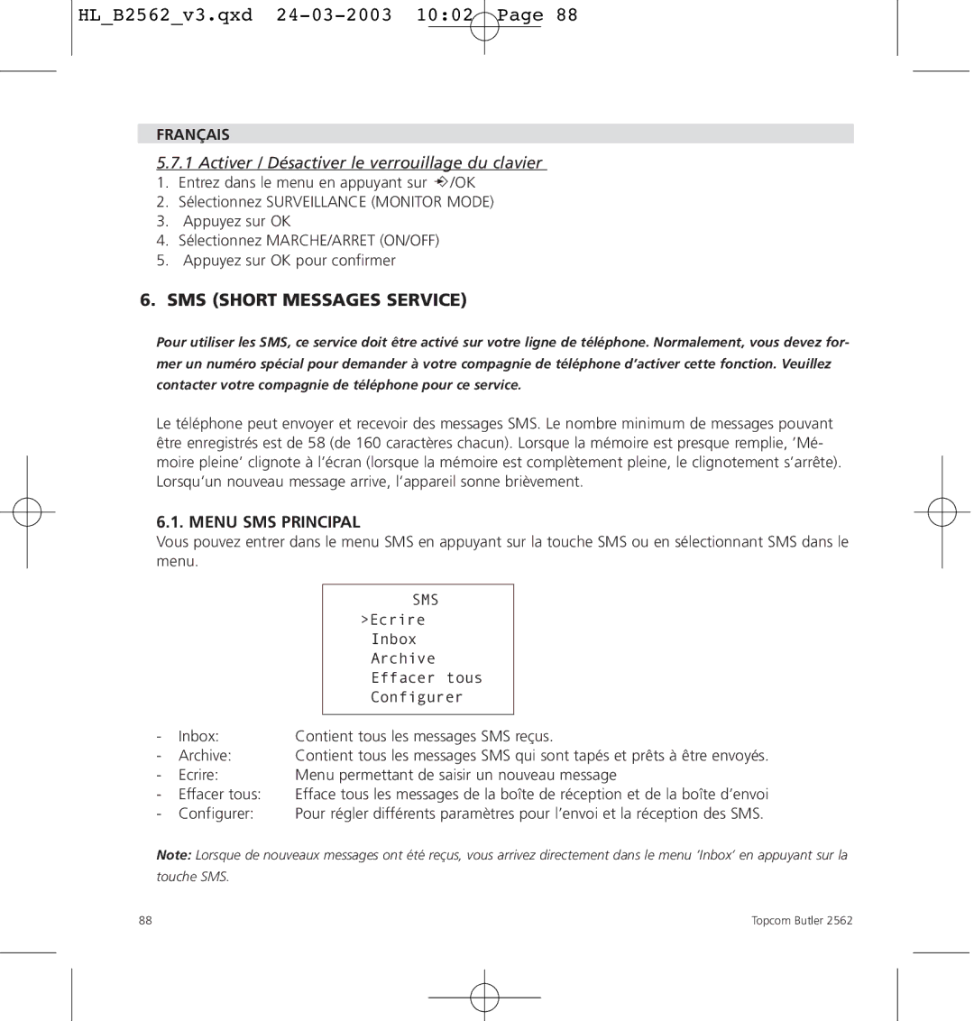 Topcom 2562 manual Menu SMS Principal, Configurer 