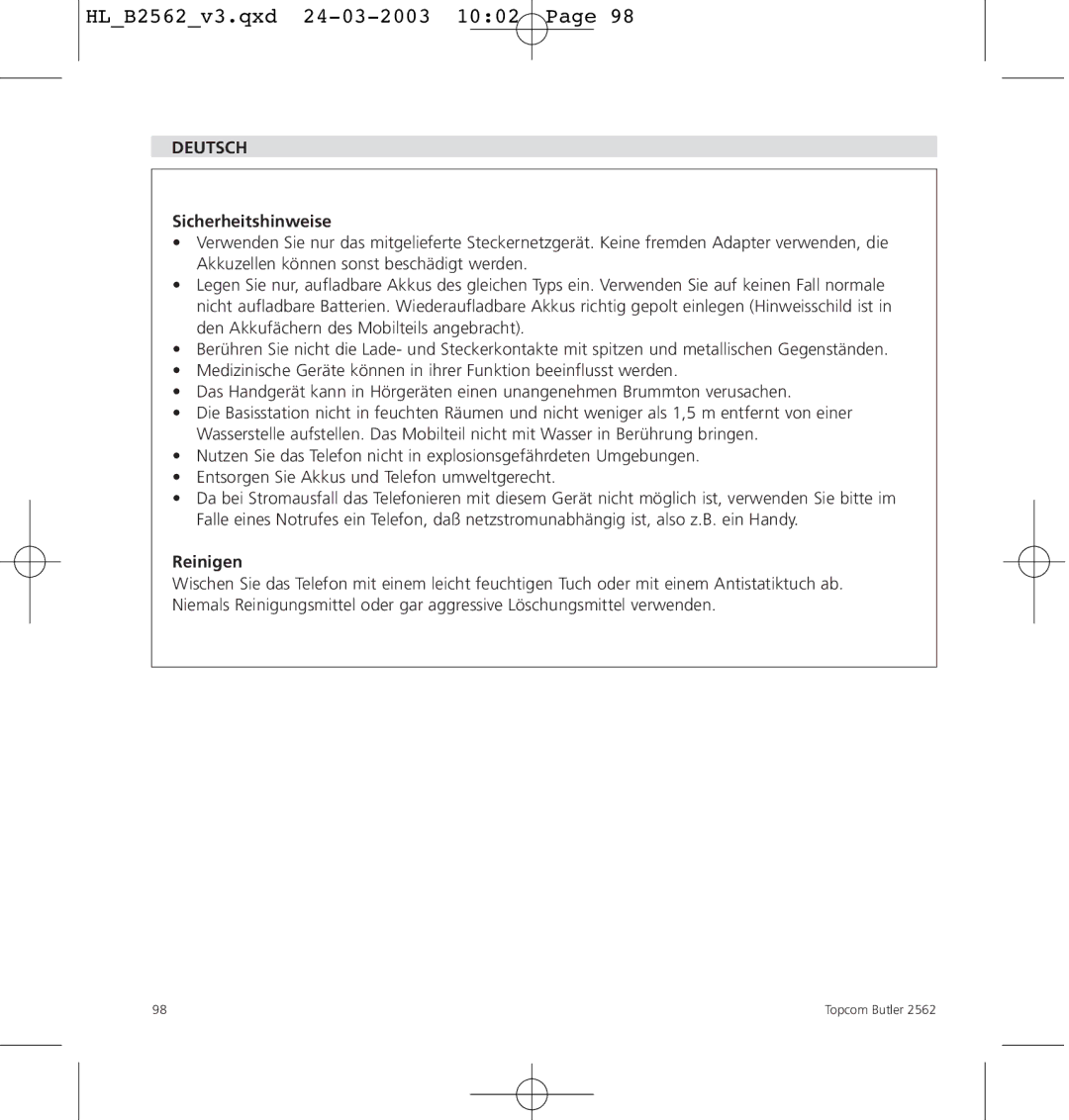 Topcom 2562 manual Deutsch, Sicherheitshinweise 