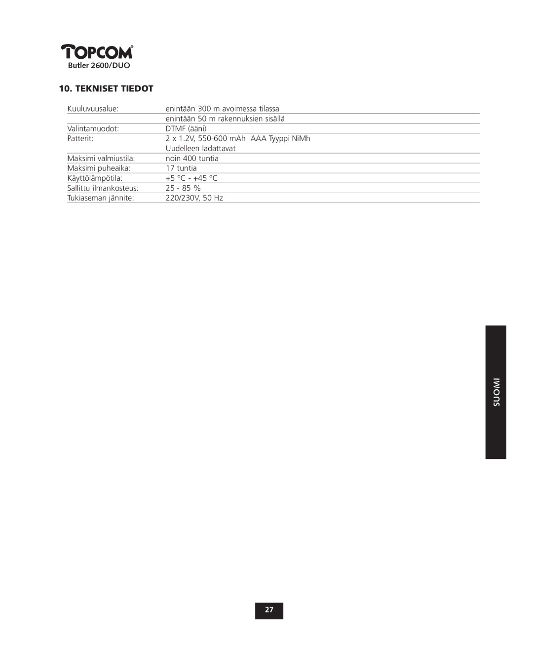 Topcom 2600 DUO manual Tekniset Tiedot 